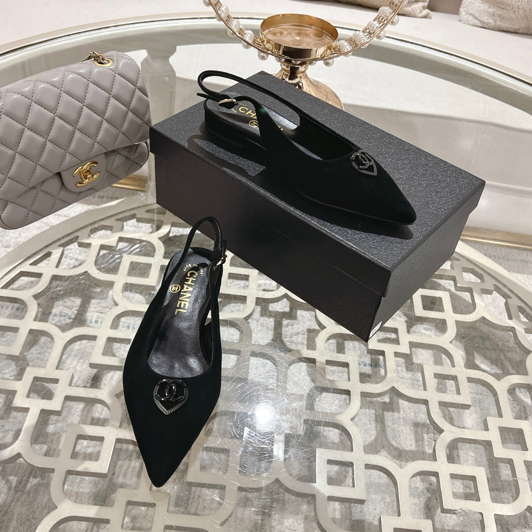 CHANEL 25C Slingback Flats Black Suede 213332