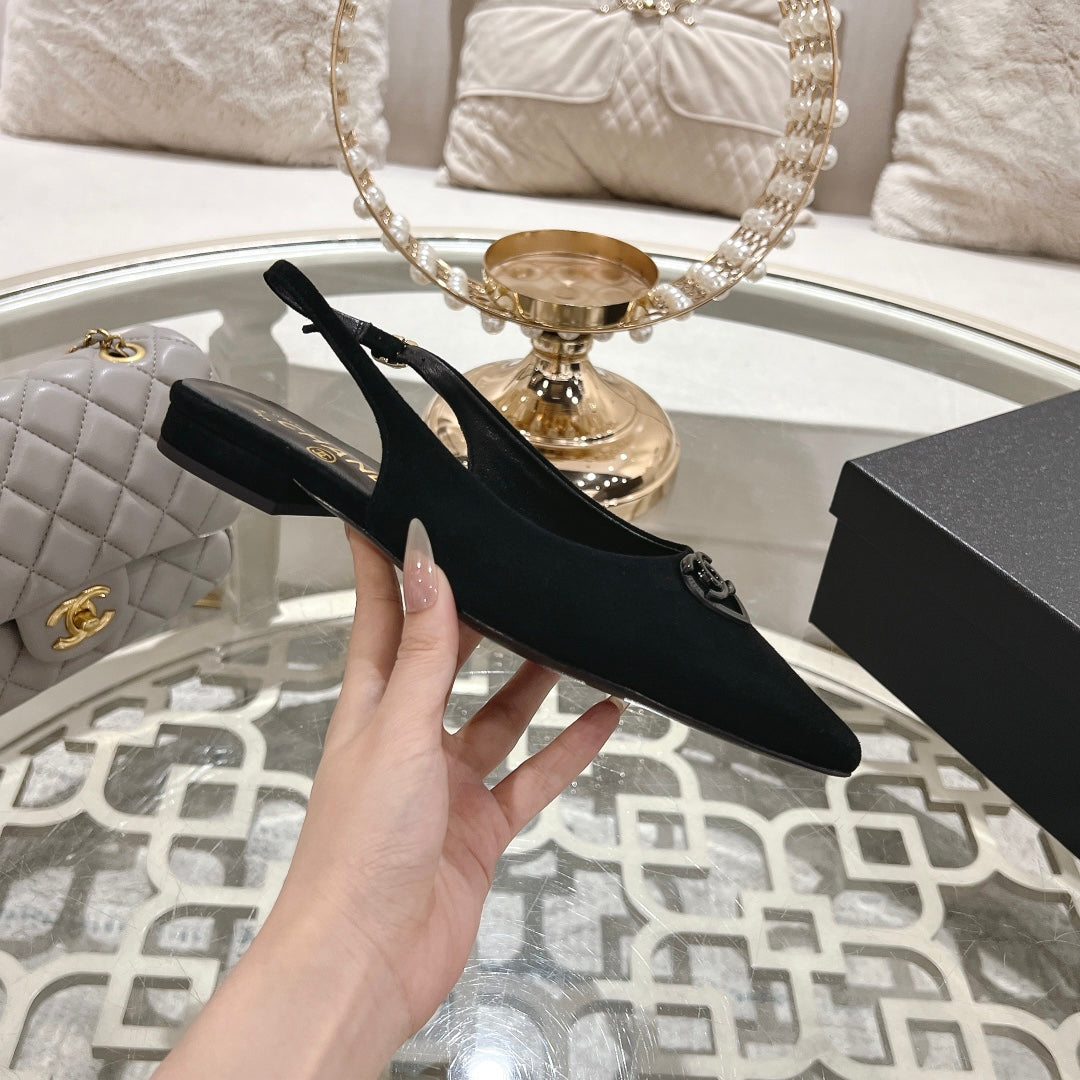 CHANEL 25C Slingback Flats Black Suede 213332