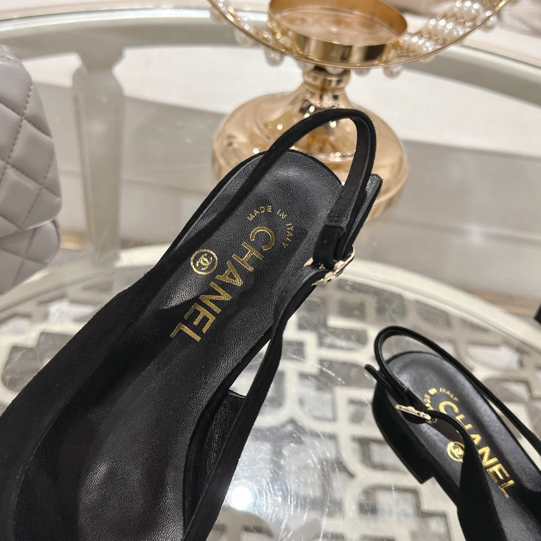 CHANEL 25C Slingback Flats Black Suede 213332