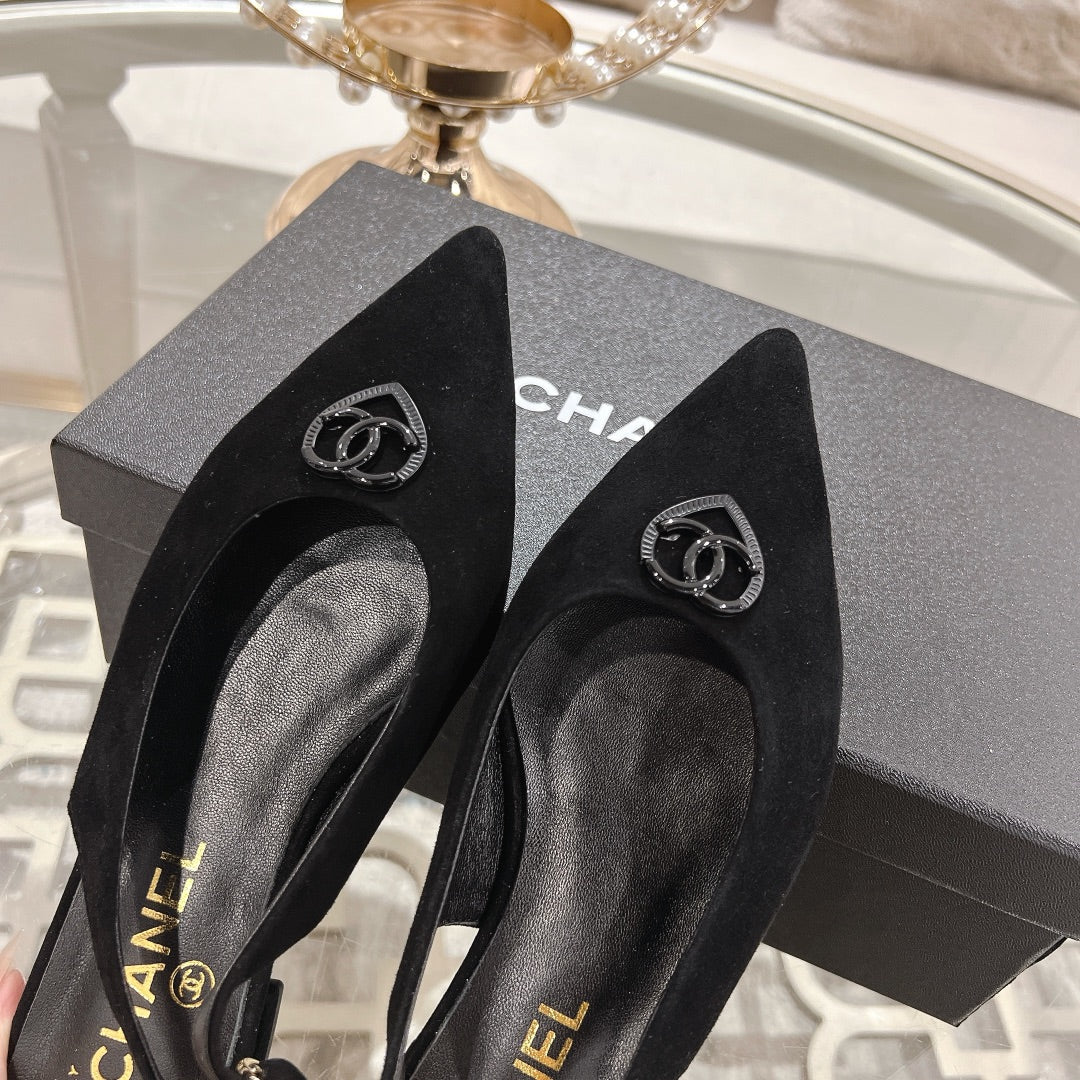 CHANEL 25C Slingback Flats Black Suede 213332