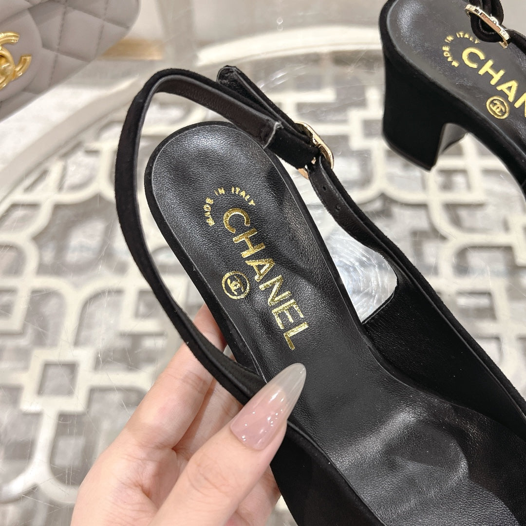 CHANEL 25C Slingback Flats Black Suede 213333