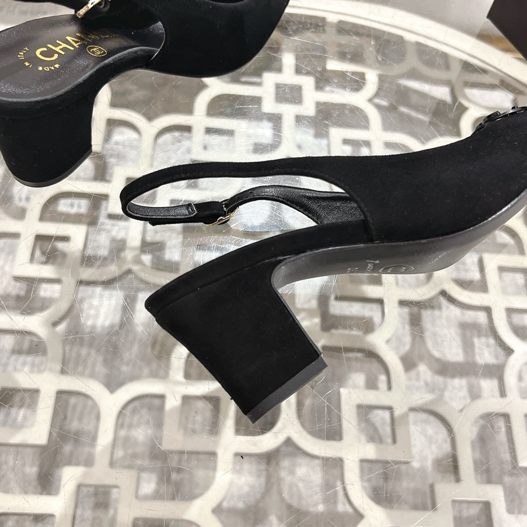 CHANEL 25C Slingback Flats Black Suede 213333