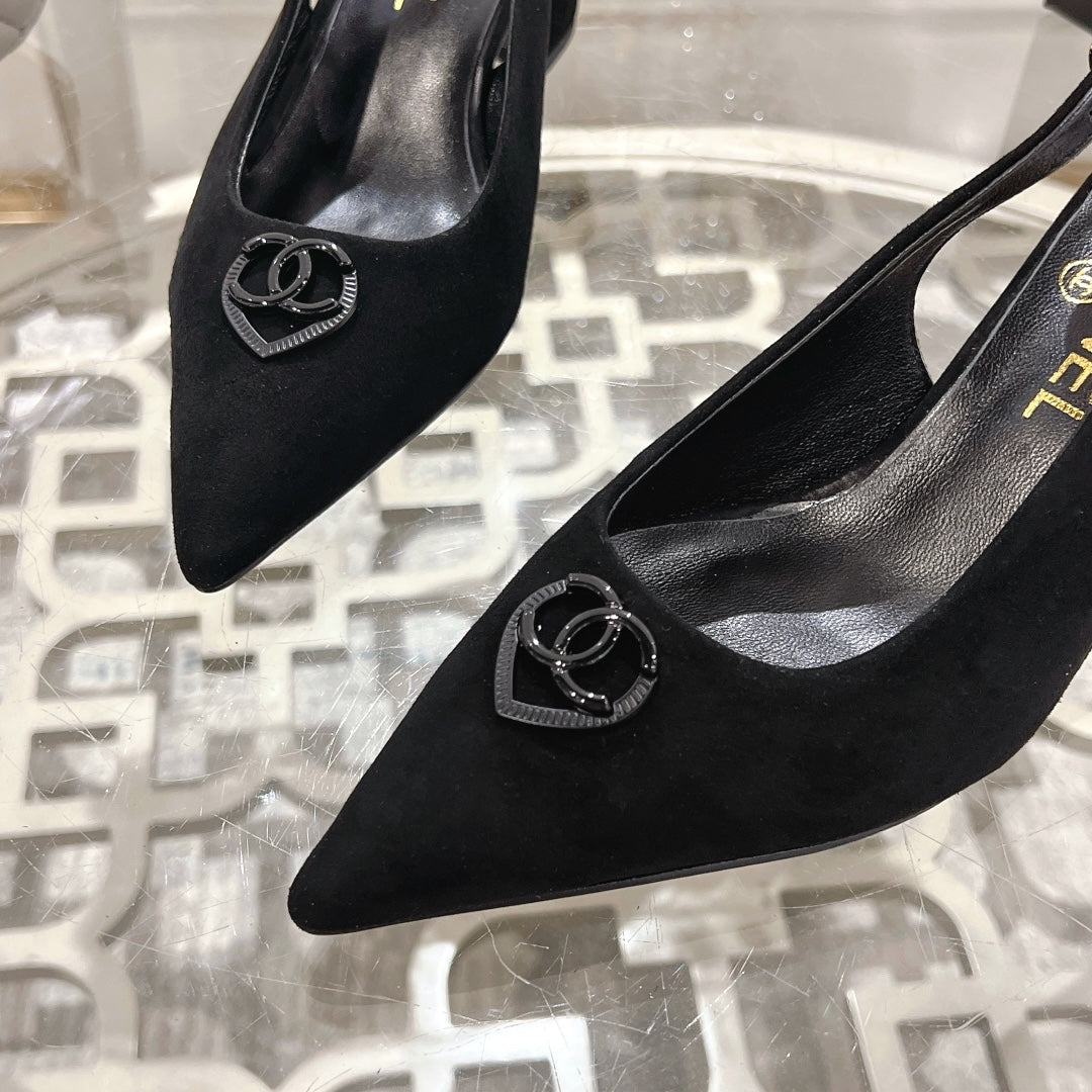 CHANEL 25C Slingback Flats Black Suede 213333