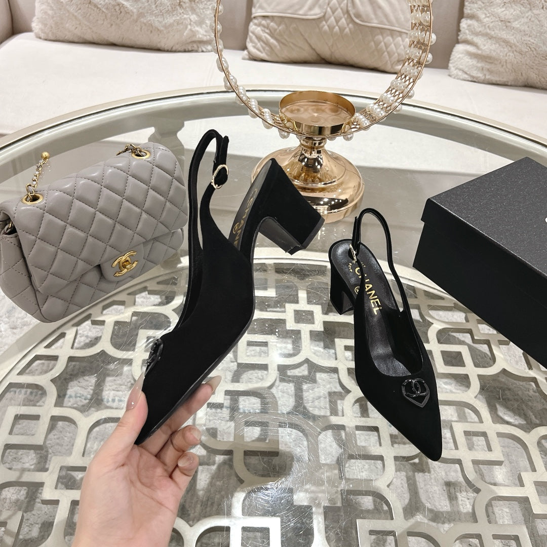 CHANEL 25C Slingback Flats Black Suede 213333
