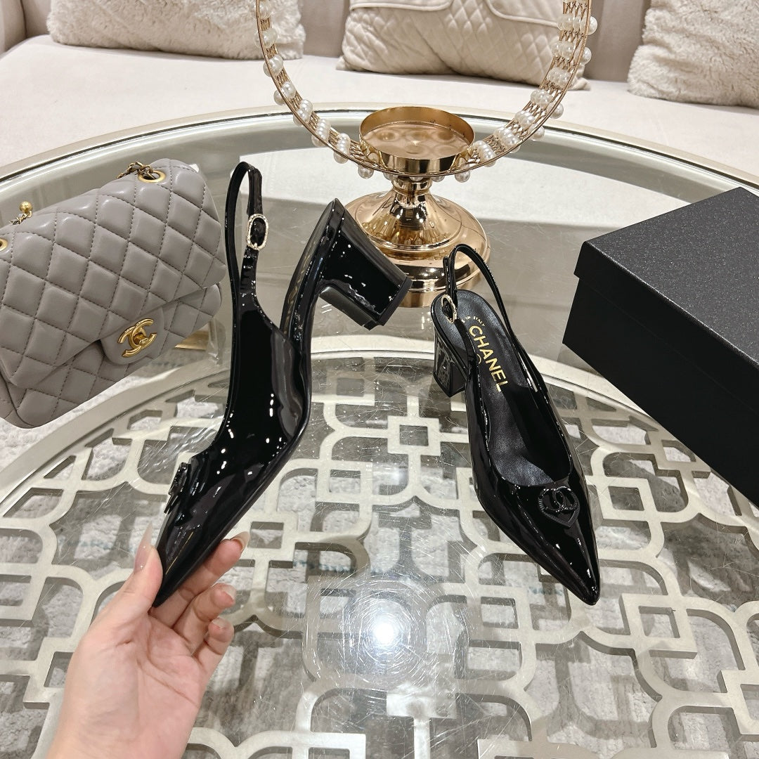 CHANEL 25C Slingback Flats Black Patent Leather 213335