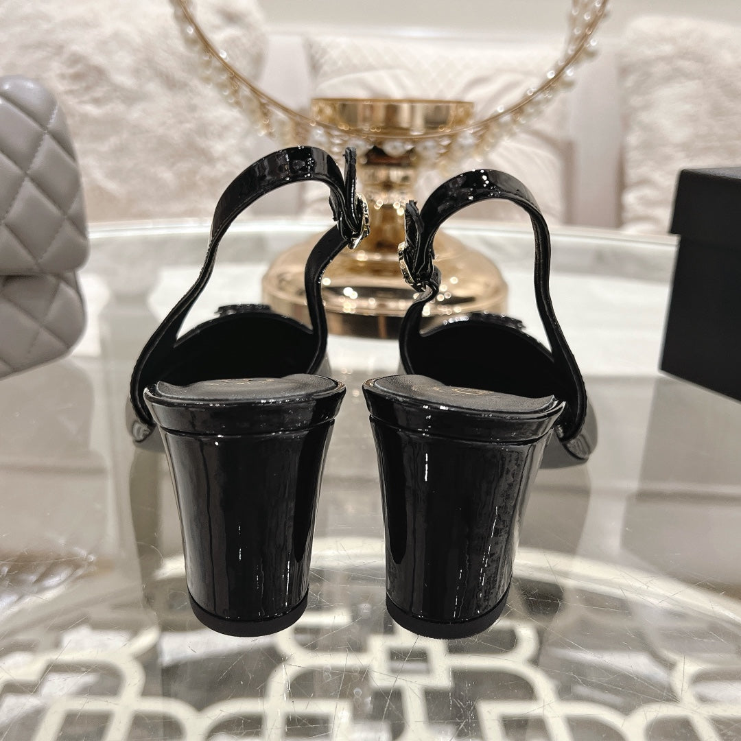 CHANEL 25C Slingback Flats Black Patent Leather 213335