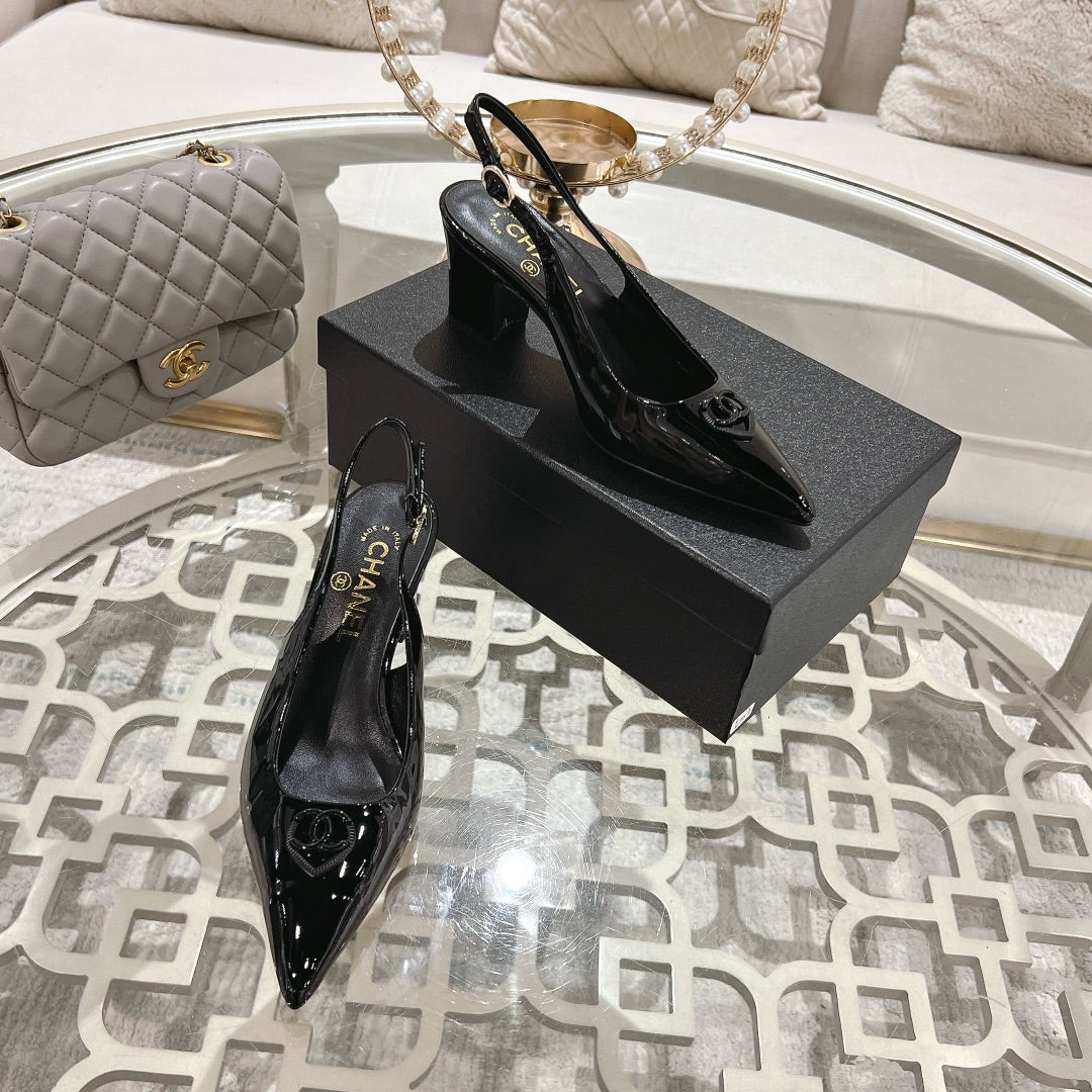 CHANEL 25C Slingback Flats Black Patent Leather 213335