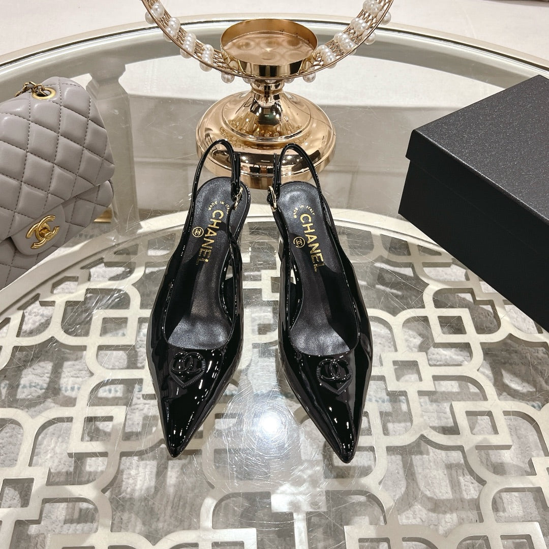 CHANEL 25C Slingback Flats Black Patent Leather 213335