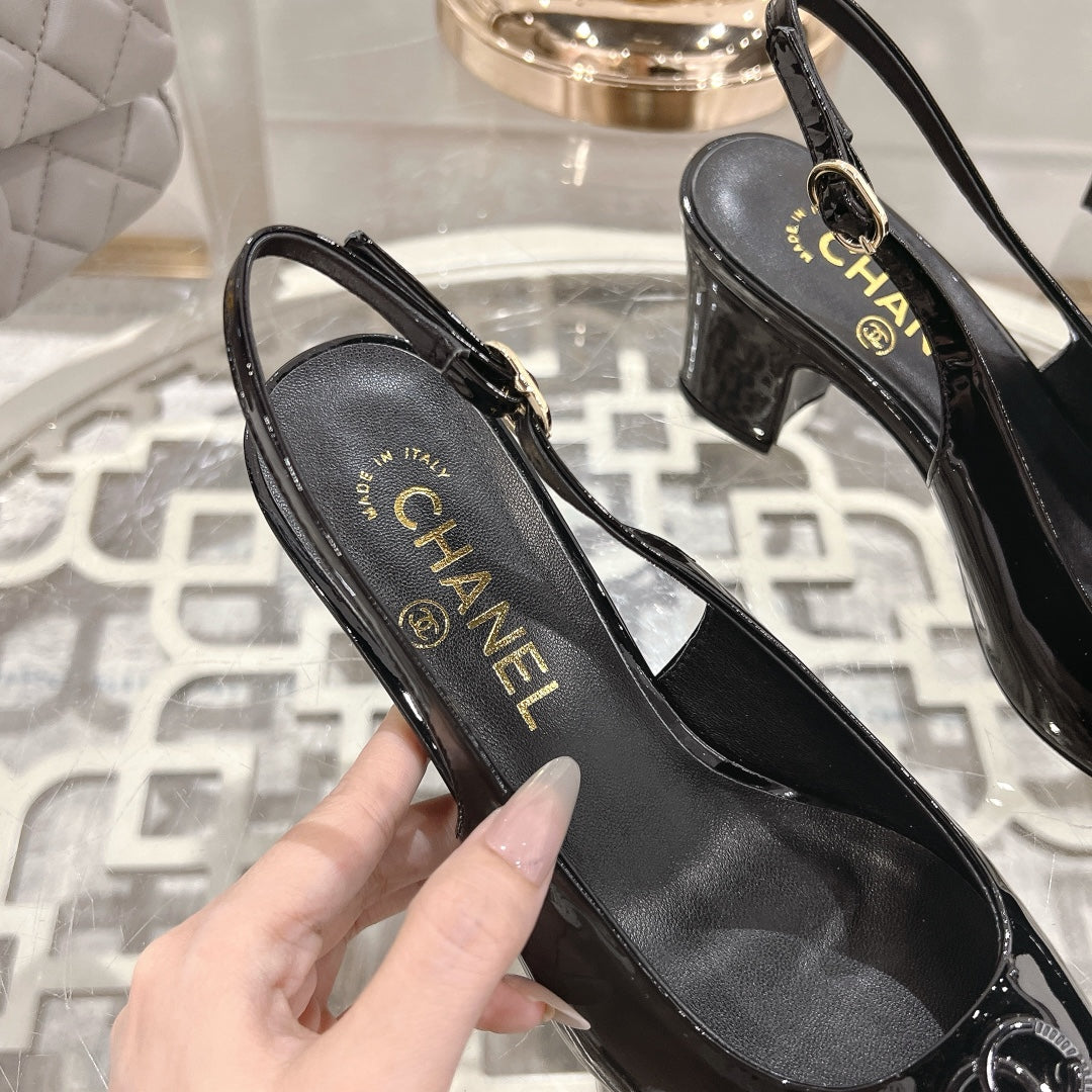 CHANEL 25C Slingback Flats Black Patent Leather 213335