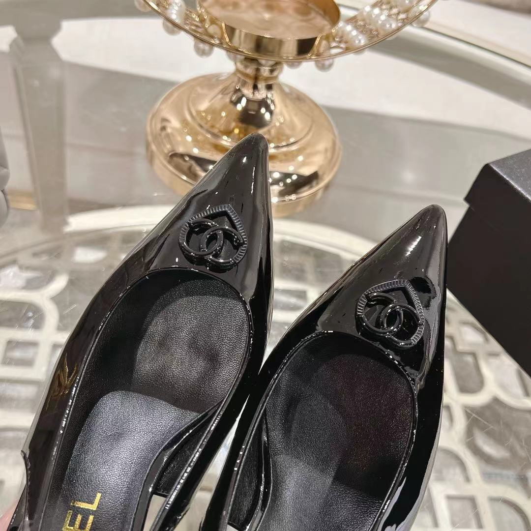 CHANEL 25C Slingback Flats Black Patent Leather 213335