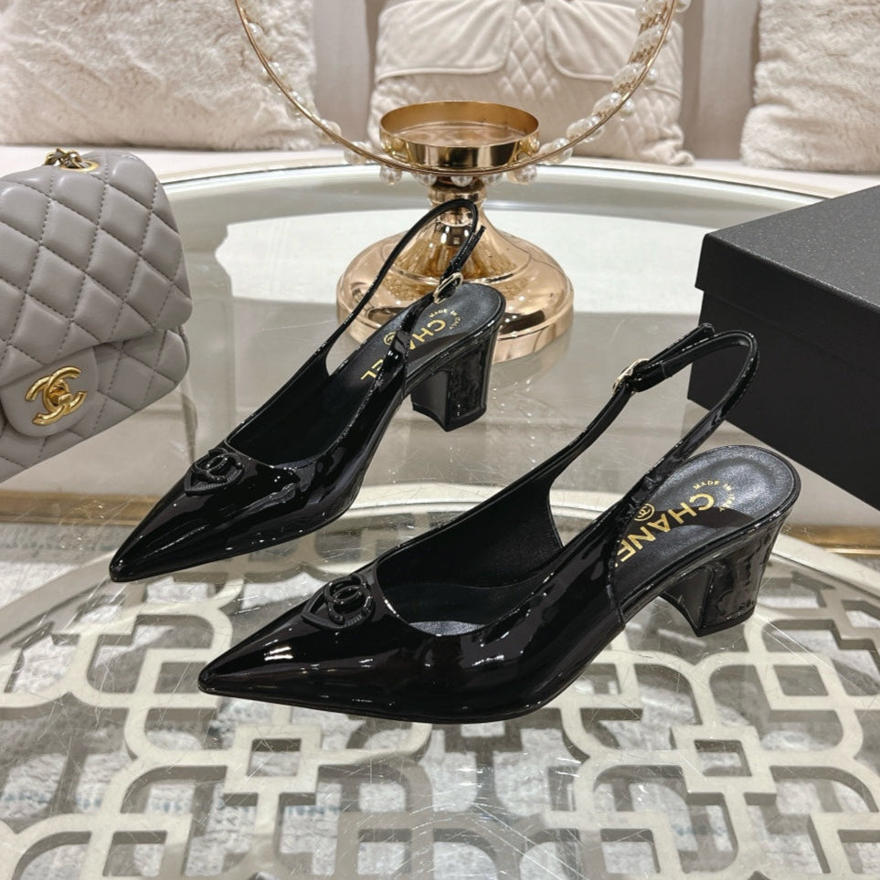CHANEL 25C Slingback Flats Black Patent Leather 213335