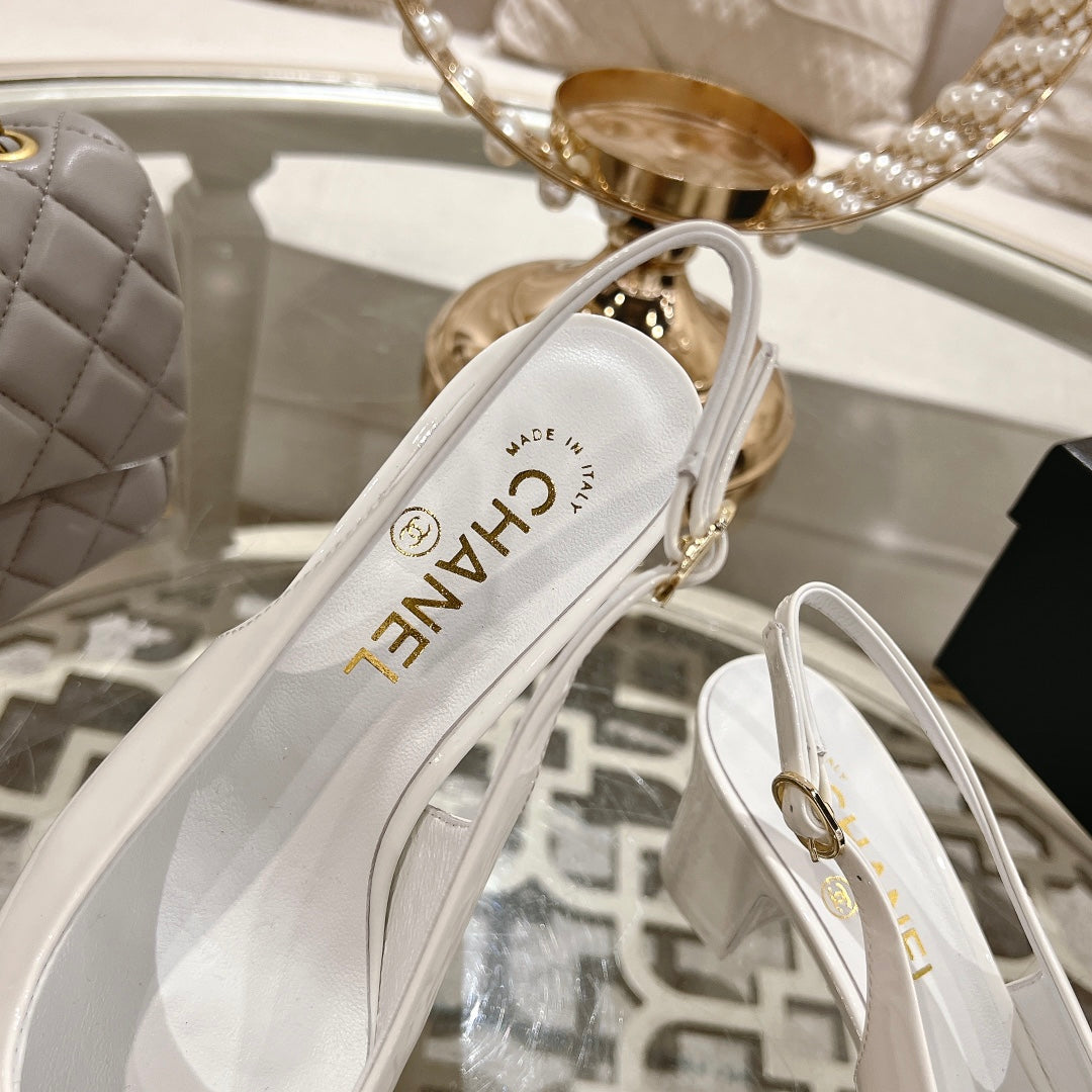 CHANEL 25C Slingback Flats White Patent Leather 213336