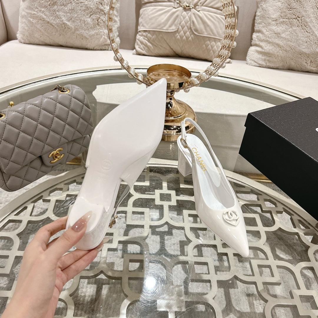 CHANEL 25C Slingback Flats White Patent Leather 213336