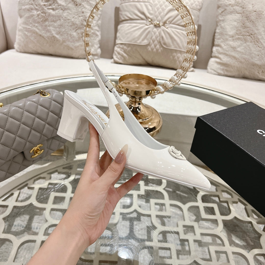 CHANEL 25C Slingback Flats White Patent Leather 213336