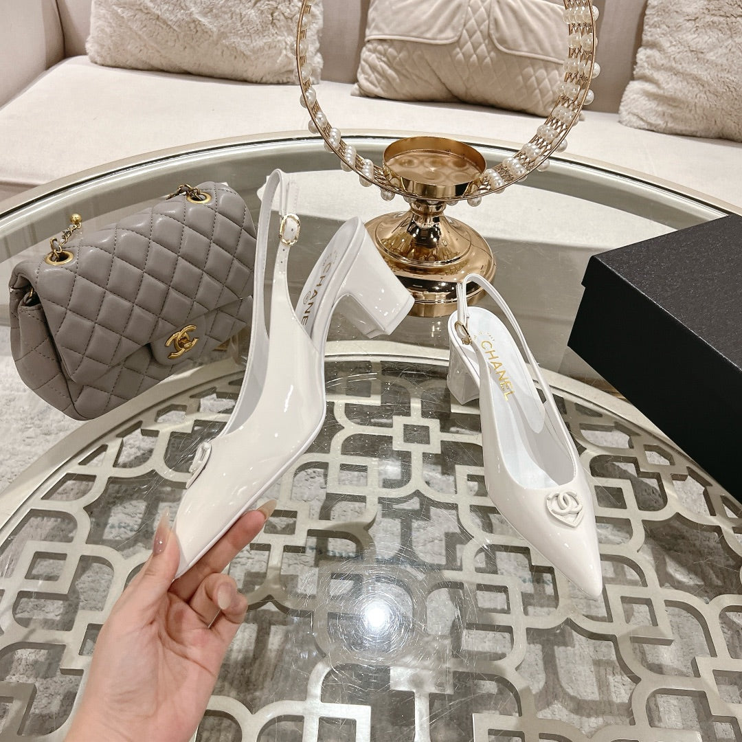 CHANEL 25C Slingback Flats White Patent Leather 213336