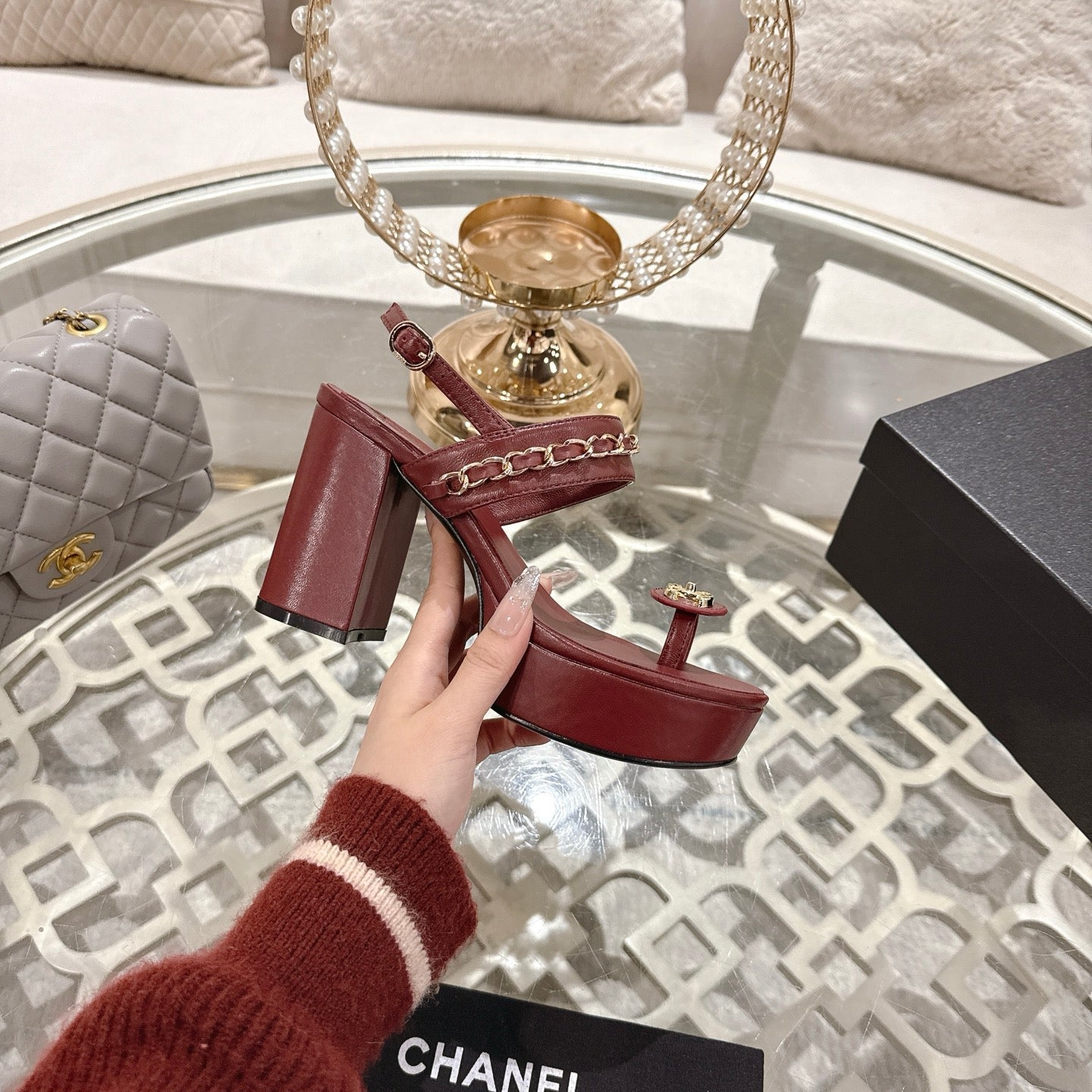 CHANEL 25 Sandal Platform Heels Red Lambskin 268972