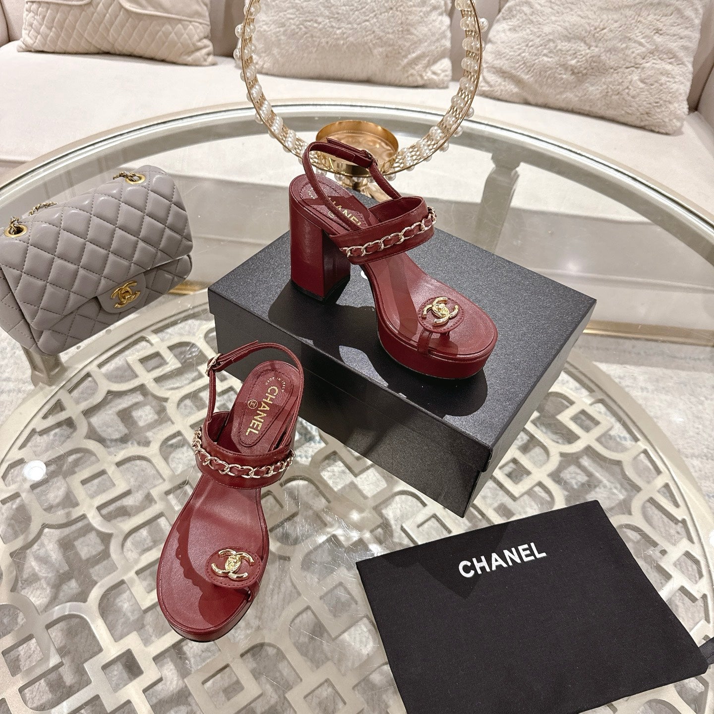 CHANEL 25 Sandal Platform Heels Red Lambskin 268972
