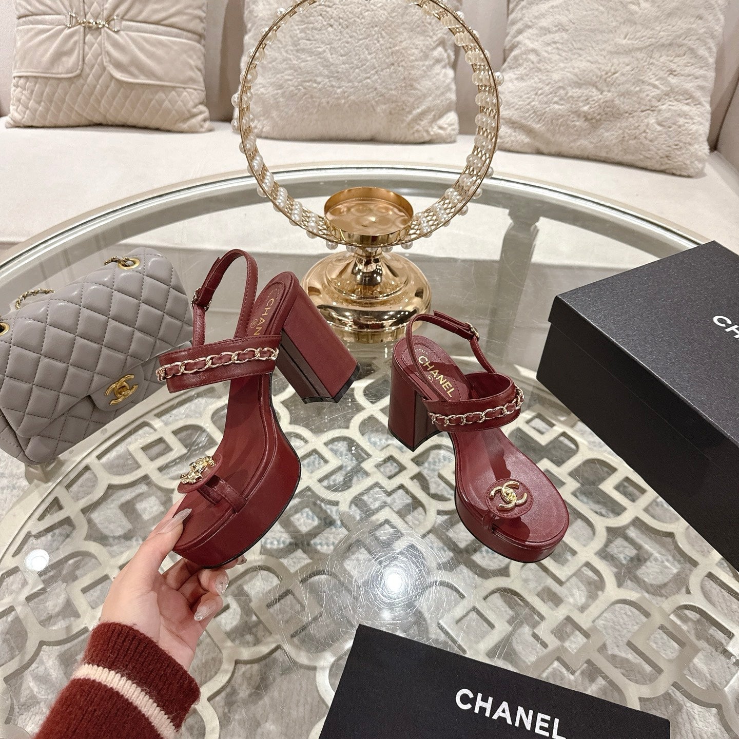 CHANEL 25 Sandal Platform Heels Red Lambskin 268972