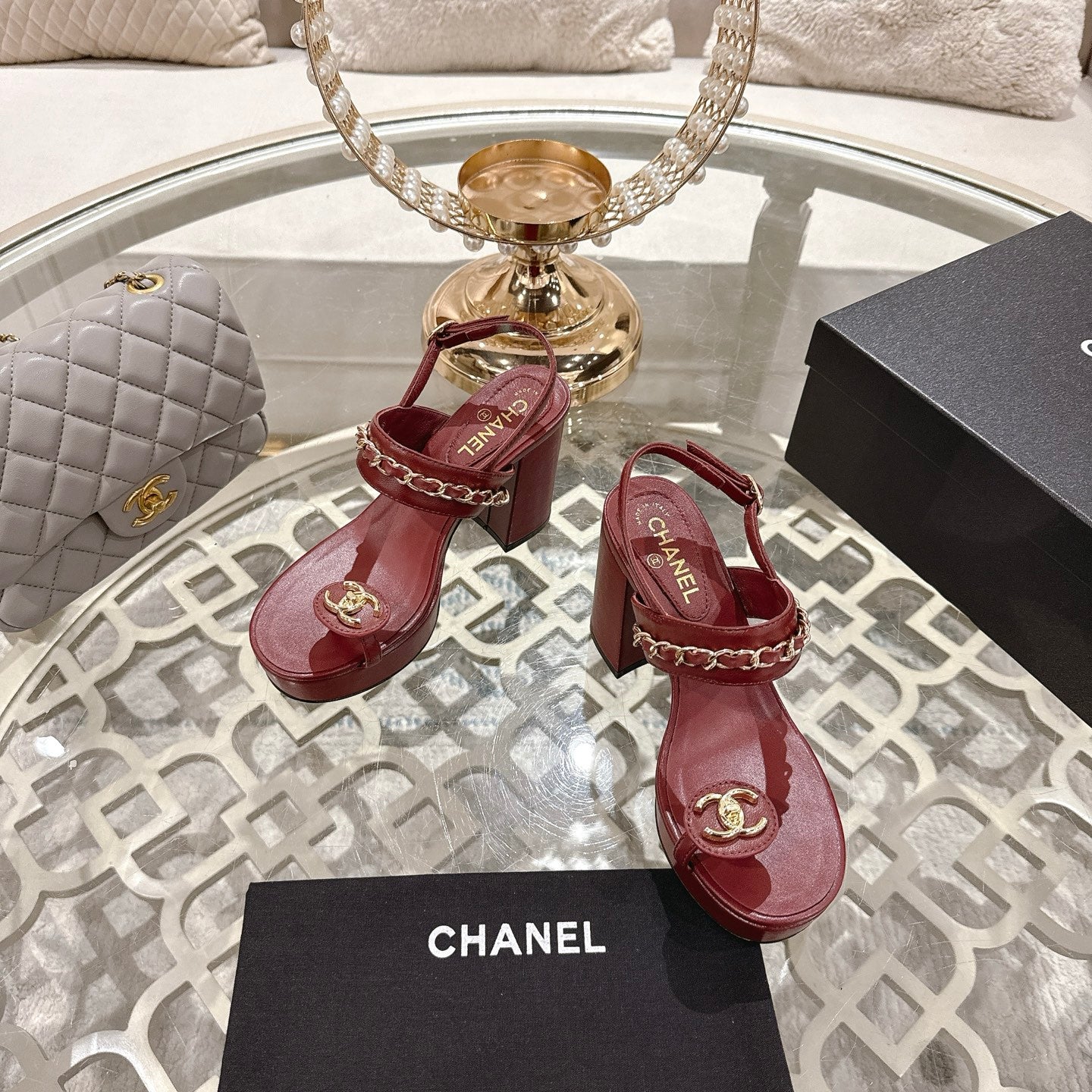CHANEL 25 Sandal Platform Heels Red Lambskin 268972
