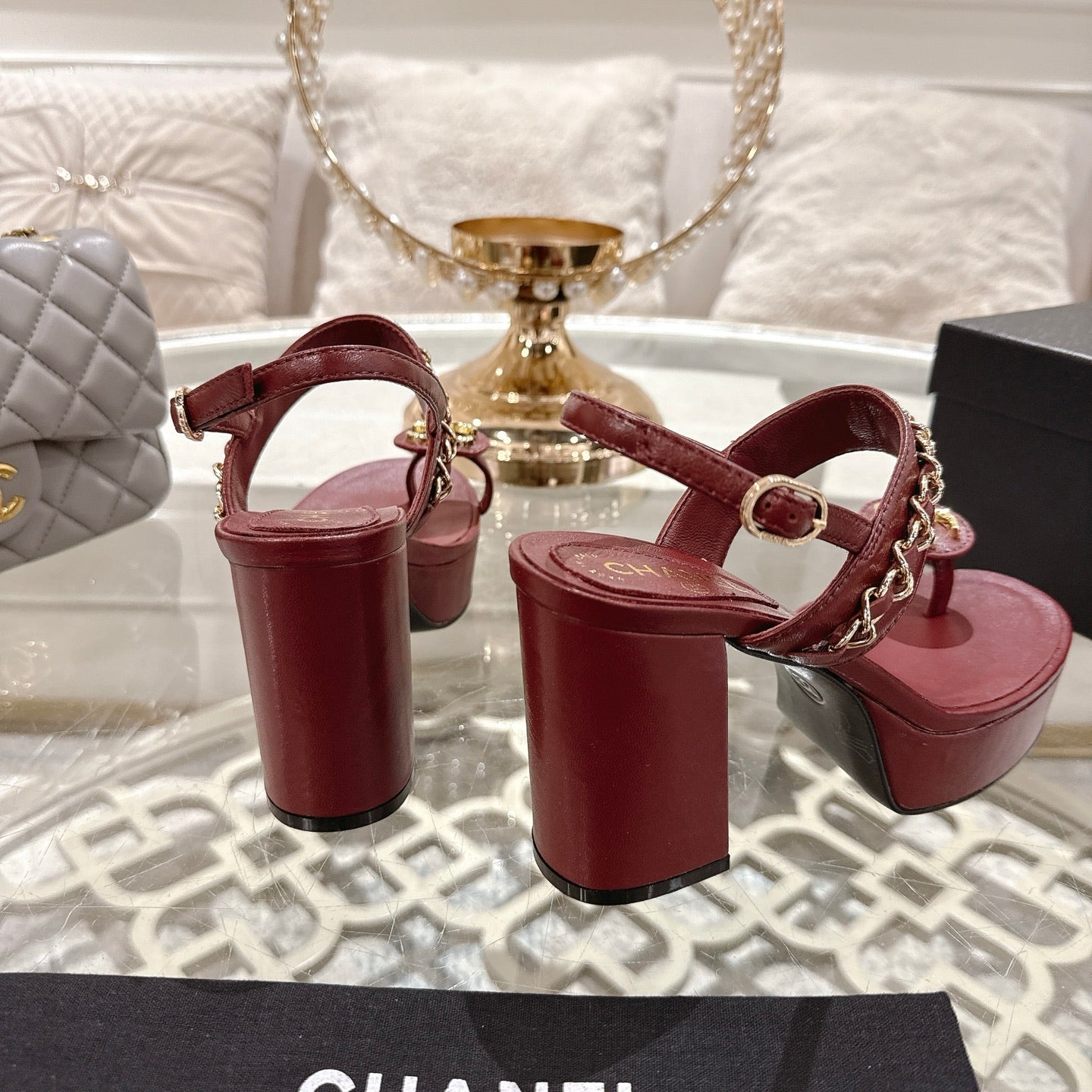 CHANEL 25 Sandal Platform Heels Red Lambskin 268972