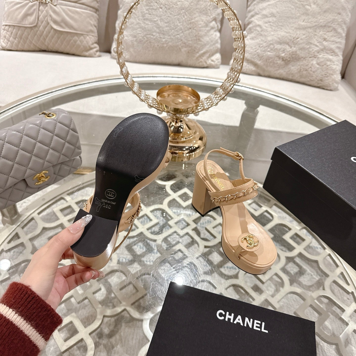 CHANEL 25 Sandal Platform Heels Nude Lambskin 268973