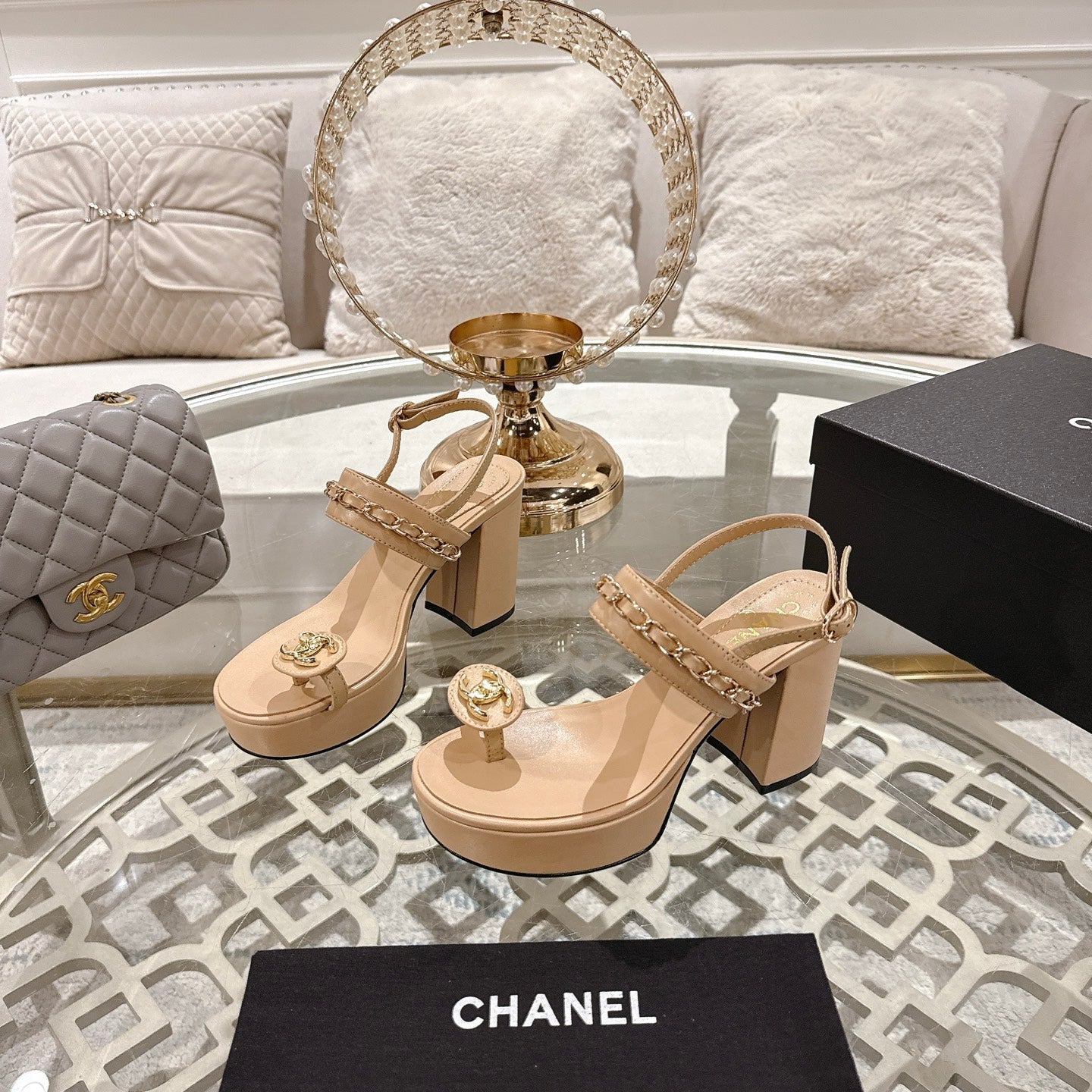 CHANEL 25 Sandal Platform Heels Nude Lambskin 268973