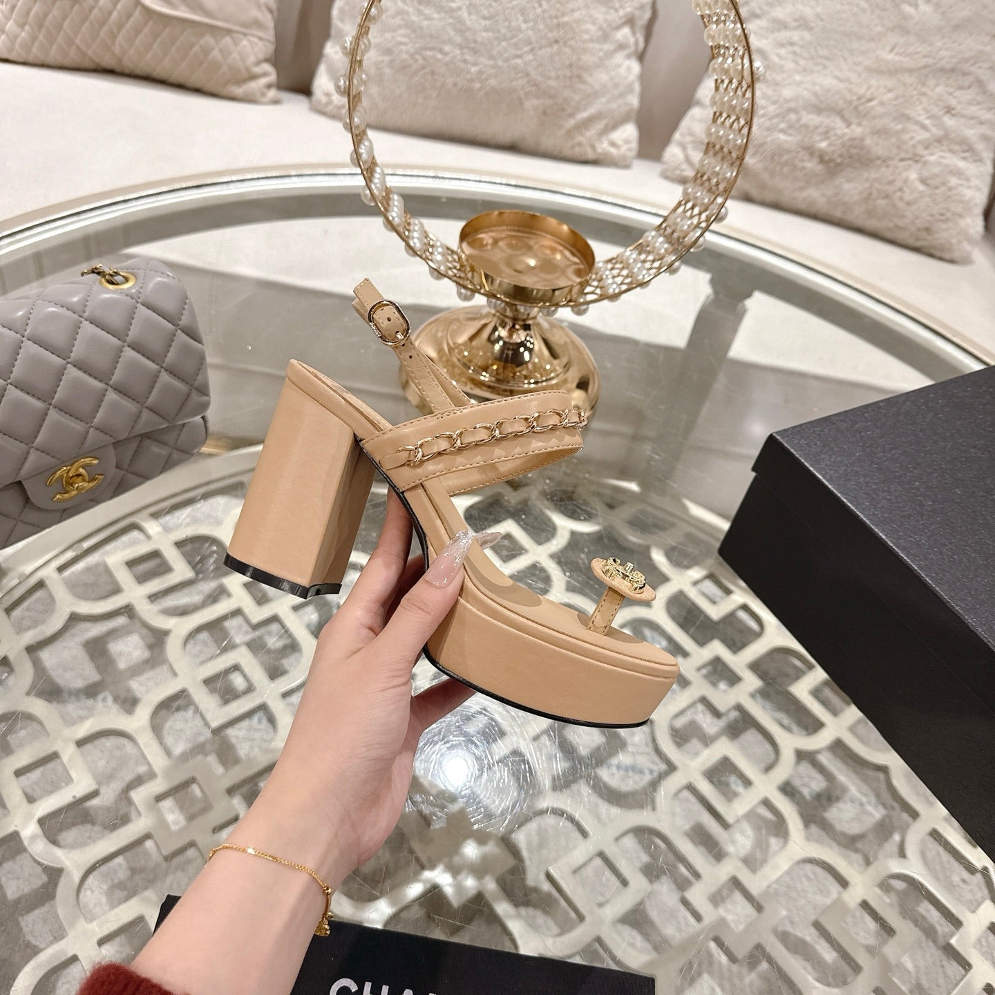 CHANEL 25 Sandal Platform Heels Nude Lambskin 268973