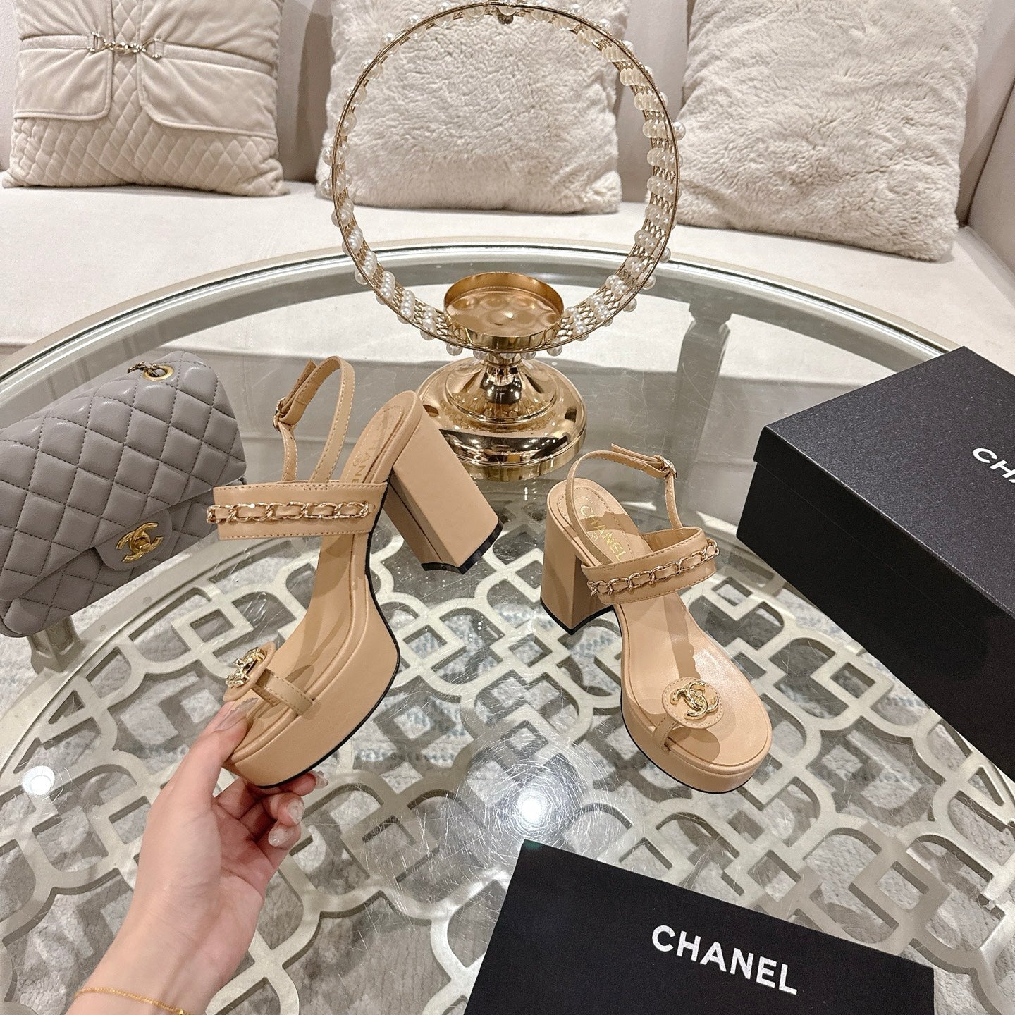 CHANEL 25 Sandal Platform Heels Nude Lambskin 268973