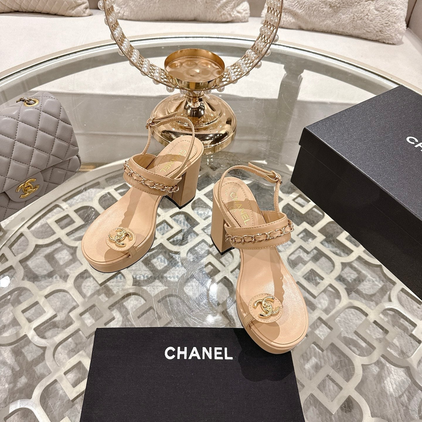 CHANEL 25 Sandal Platform Heels Nude Lambskin 268973