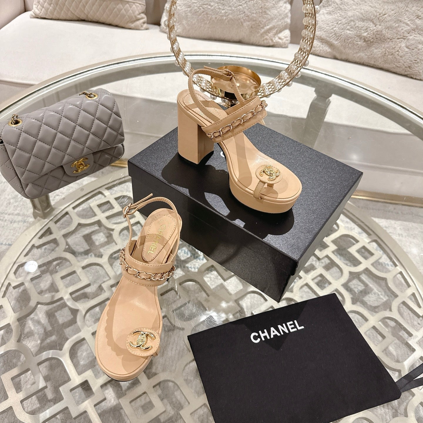 CHANEL 25 Sandal Platform Heels Nude Lambskin 268973