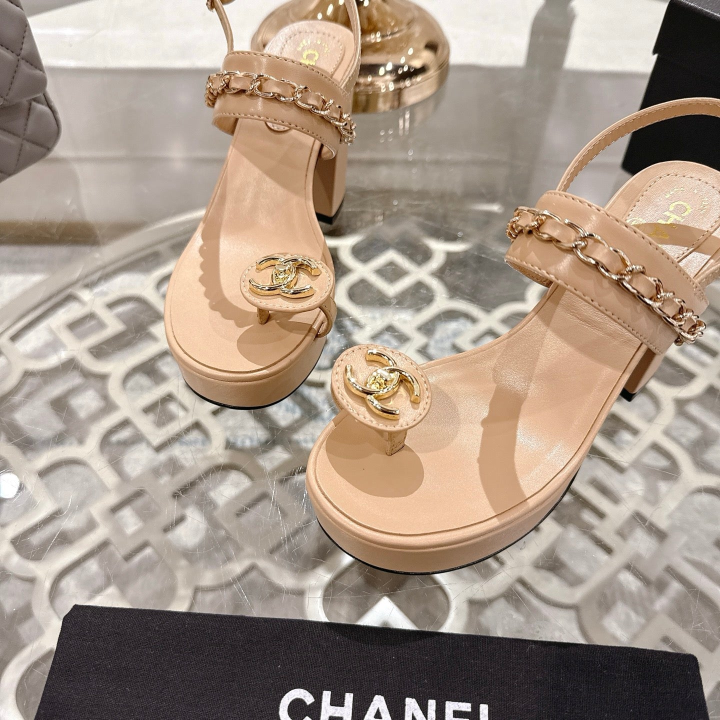 CHANEL 25 Sandal Platform Heels Nude Lambskin 268973