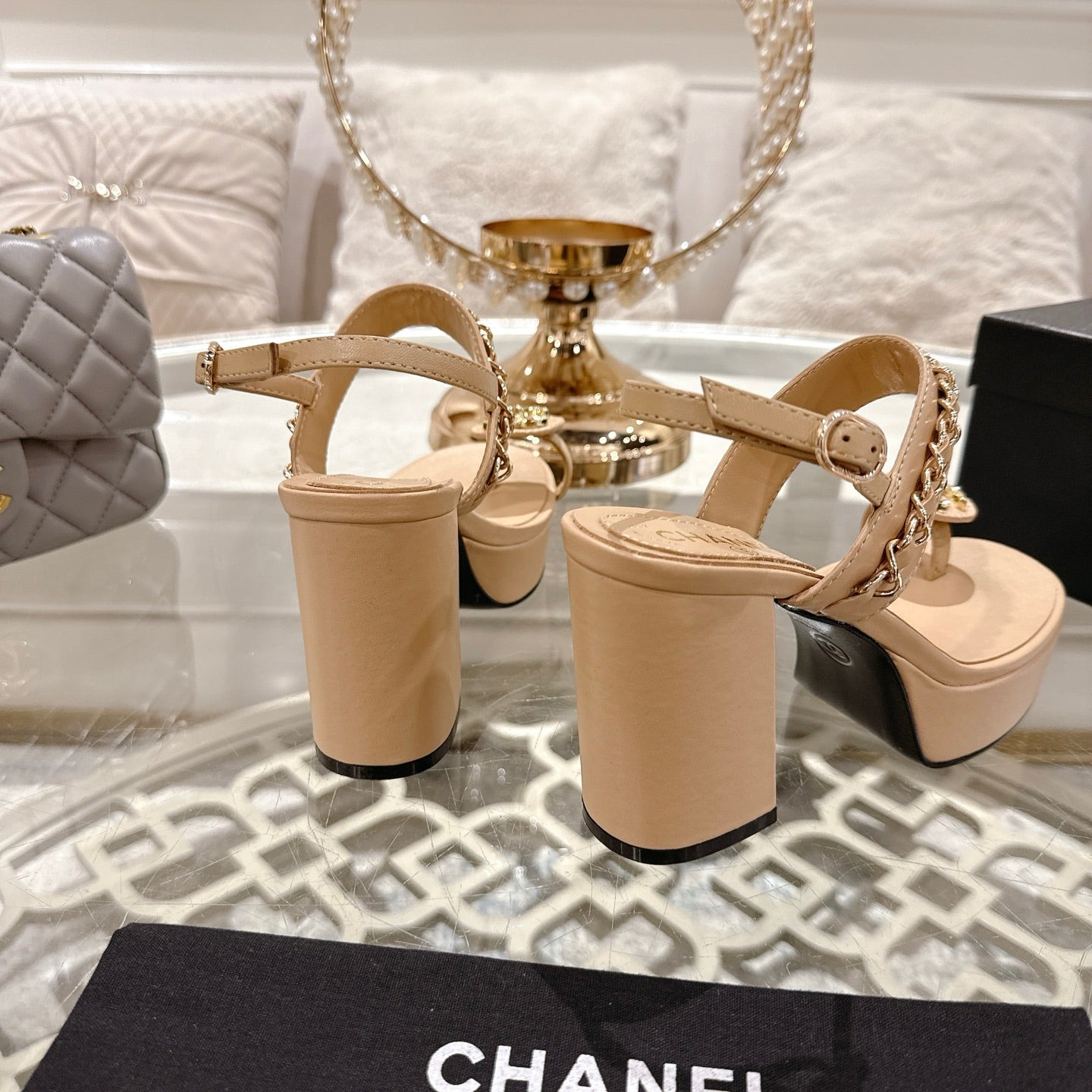 CHANEL 25 Sandal Platform Heels Nude Lambskin 268973