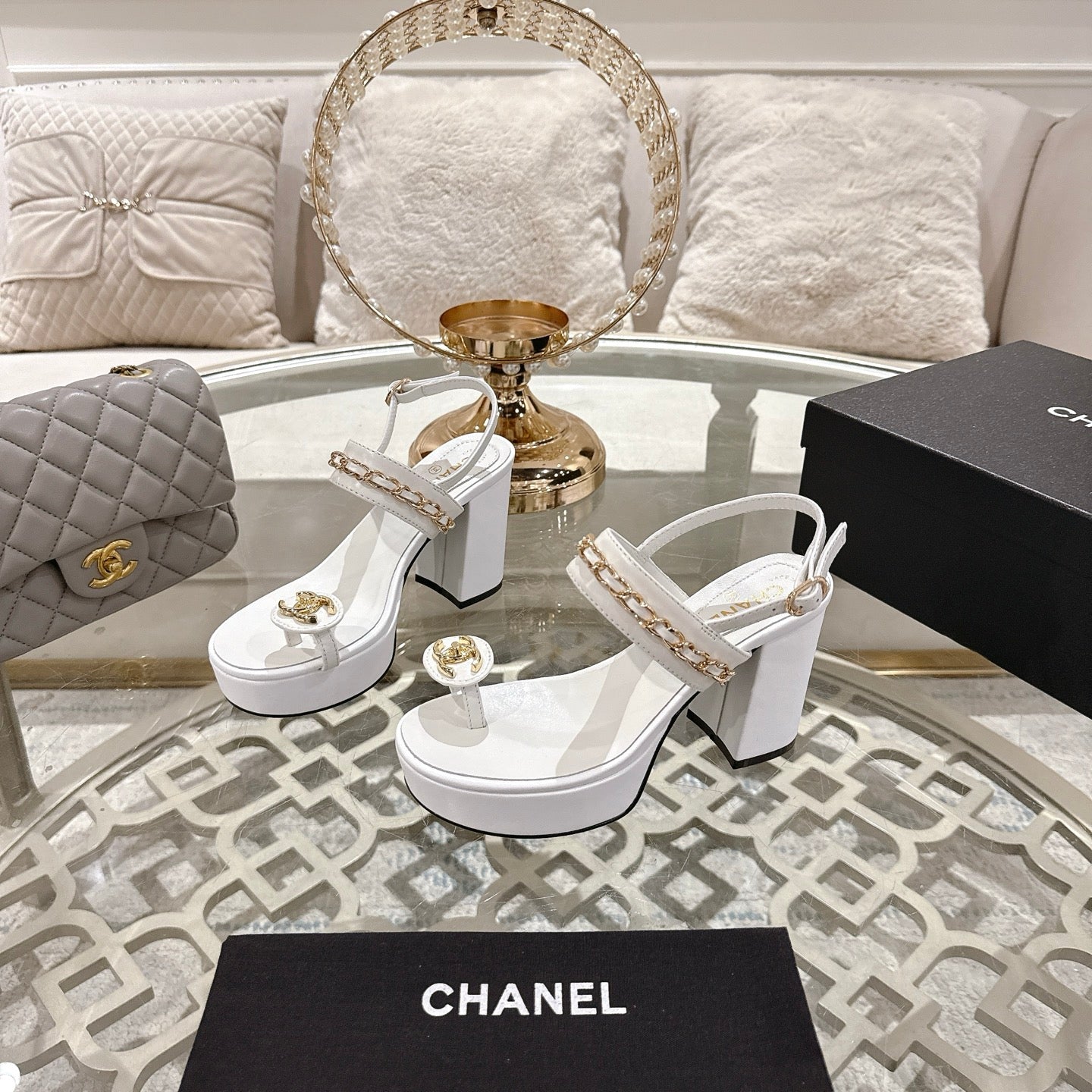 CHANEL 25 Sandal Platform Heels White Lambskin 268974