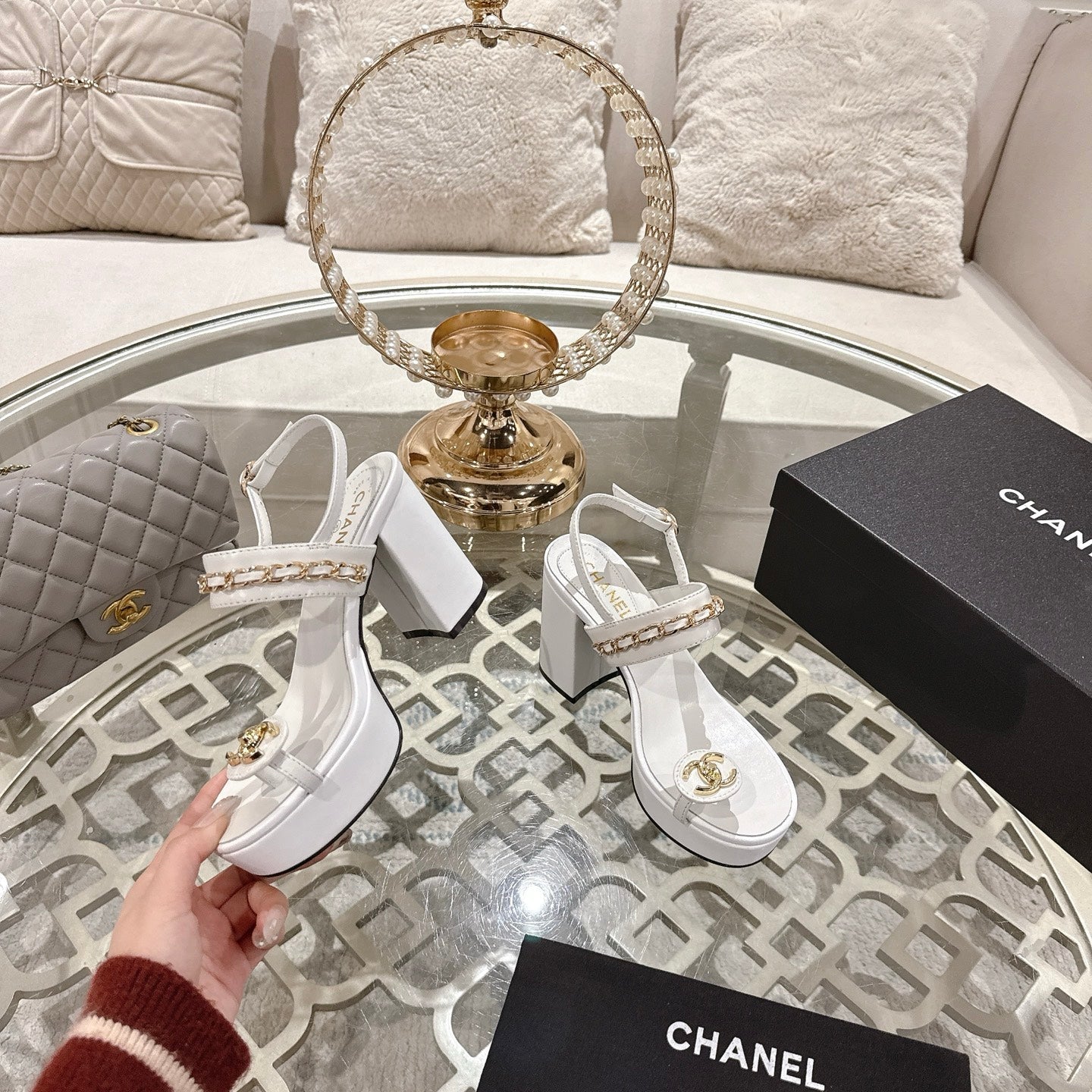 CHANEL 25 Sandal Platform Heels White Lambskin 268974