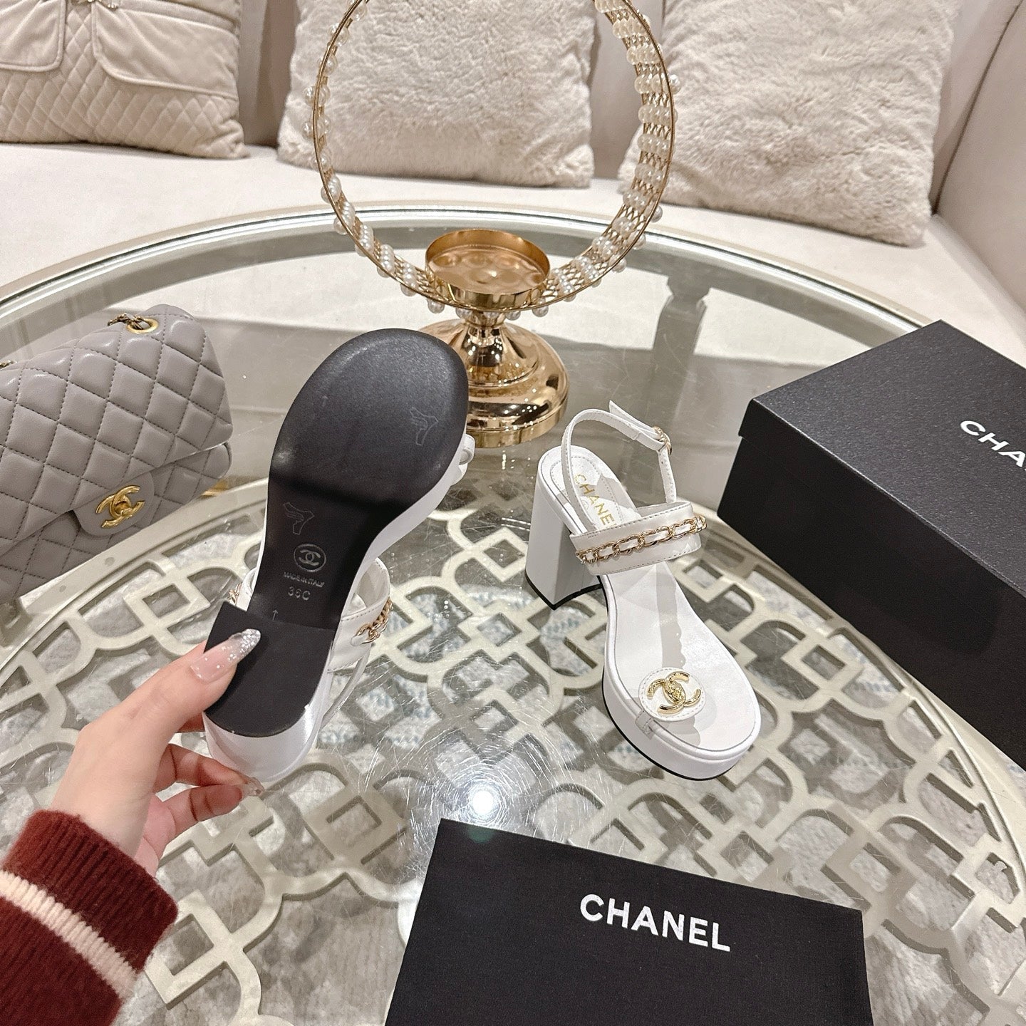 CHANEL 25 Sandal Platform Heels White Lambskin 268974