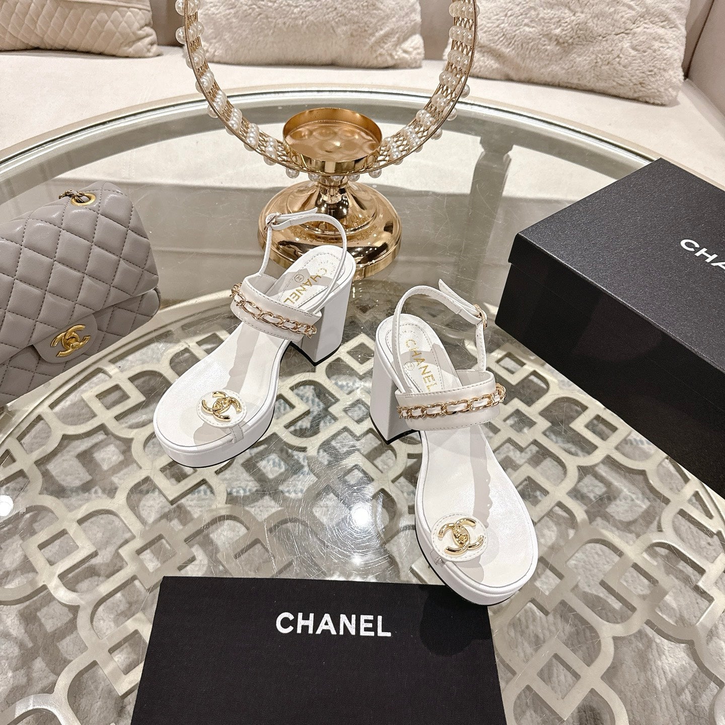 CHANEL 25 Sandal Platform Heels White Lambskin 268974