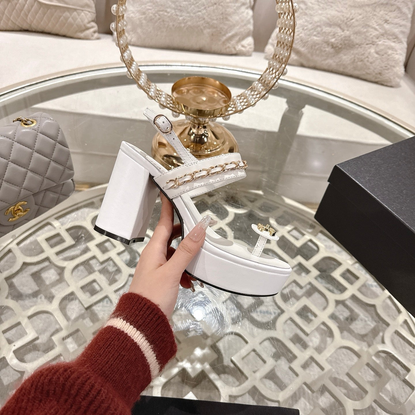 CHANEL 25 Sandal Platform Heels White Lambskin 268974
