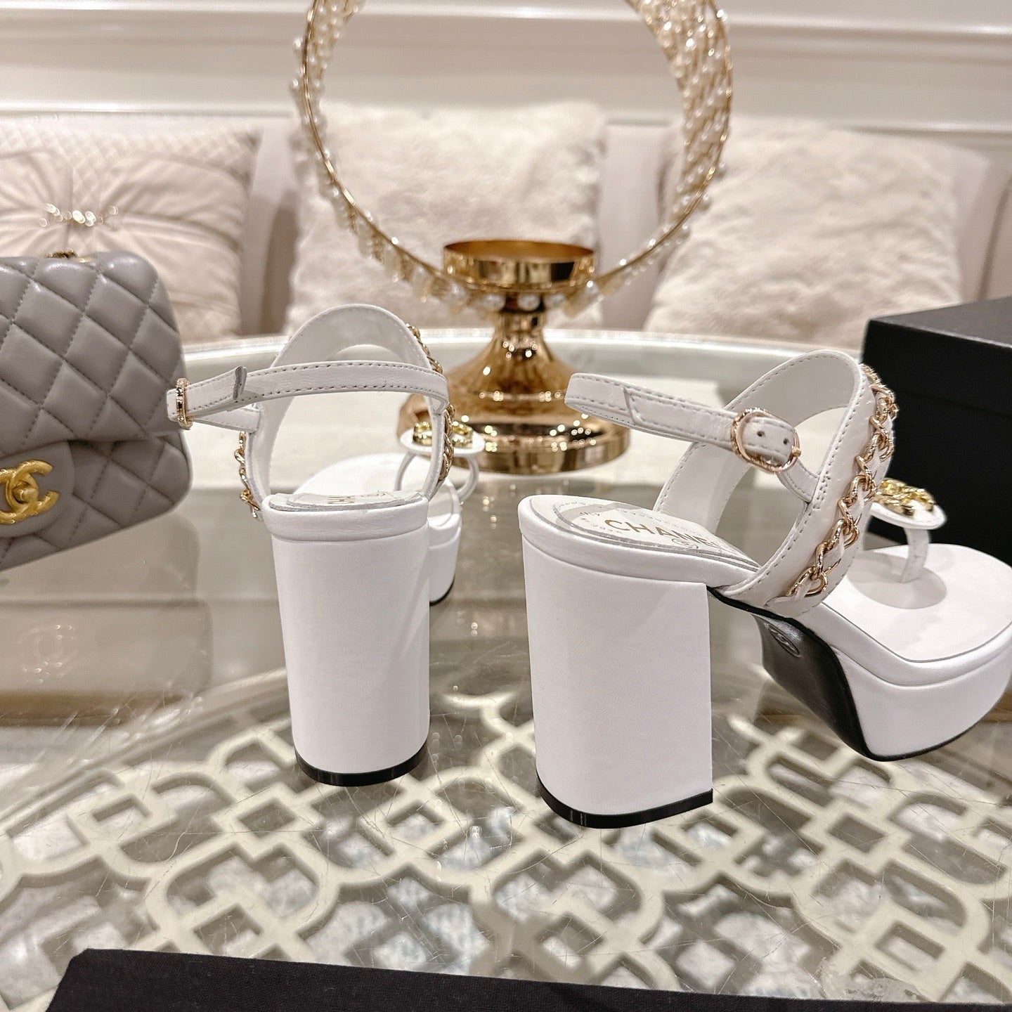 CHANEL 25 Sandal Platform Heels White Lambskin 268974