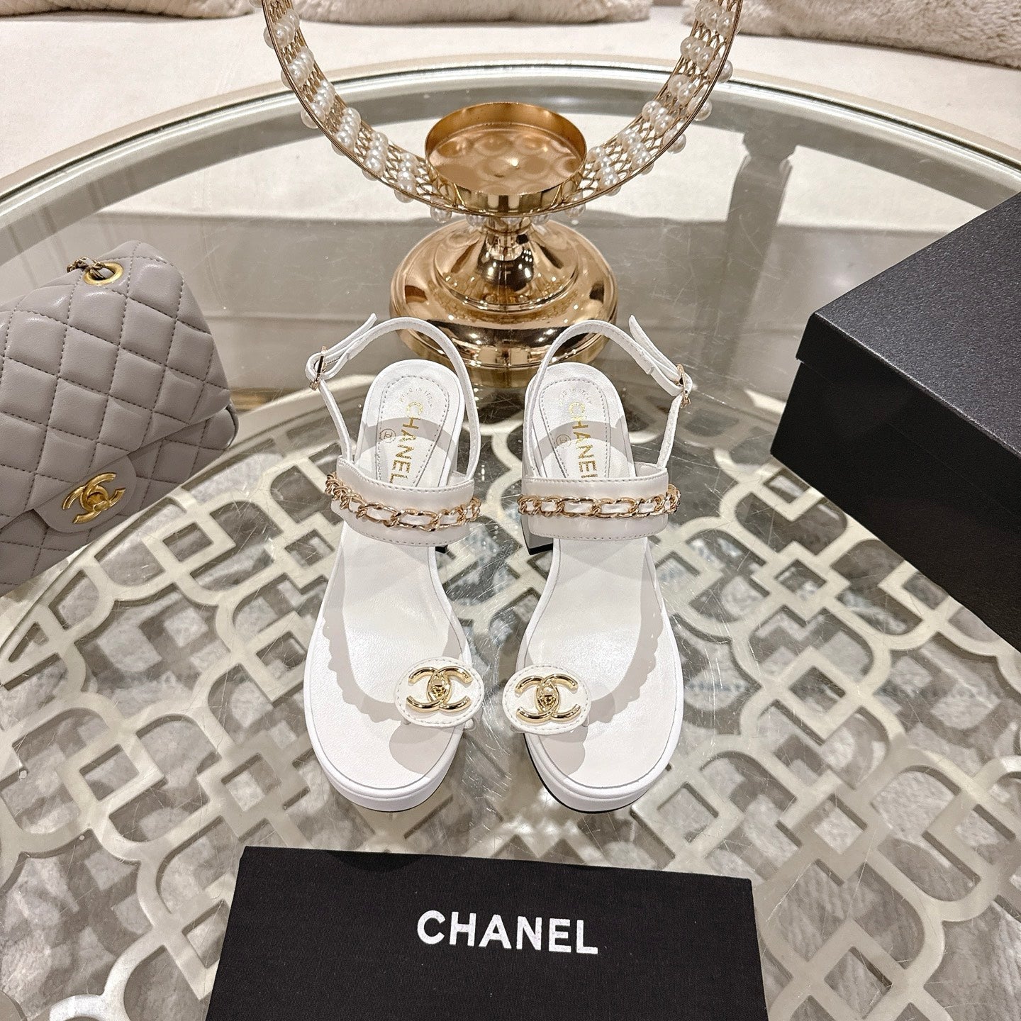 CHANEL 25 Sandal Platform Heels White Lambskin 268974