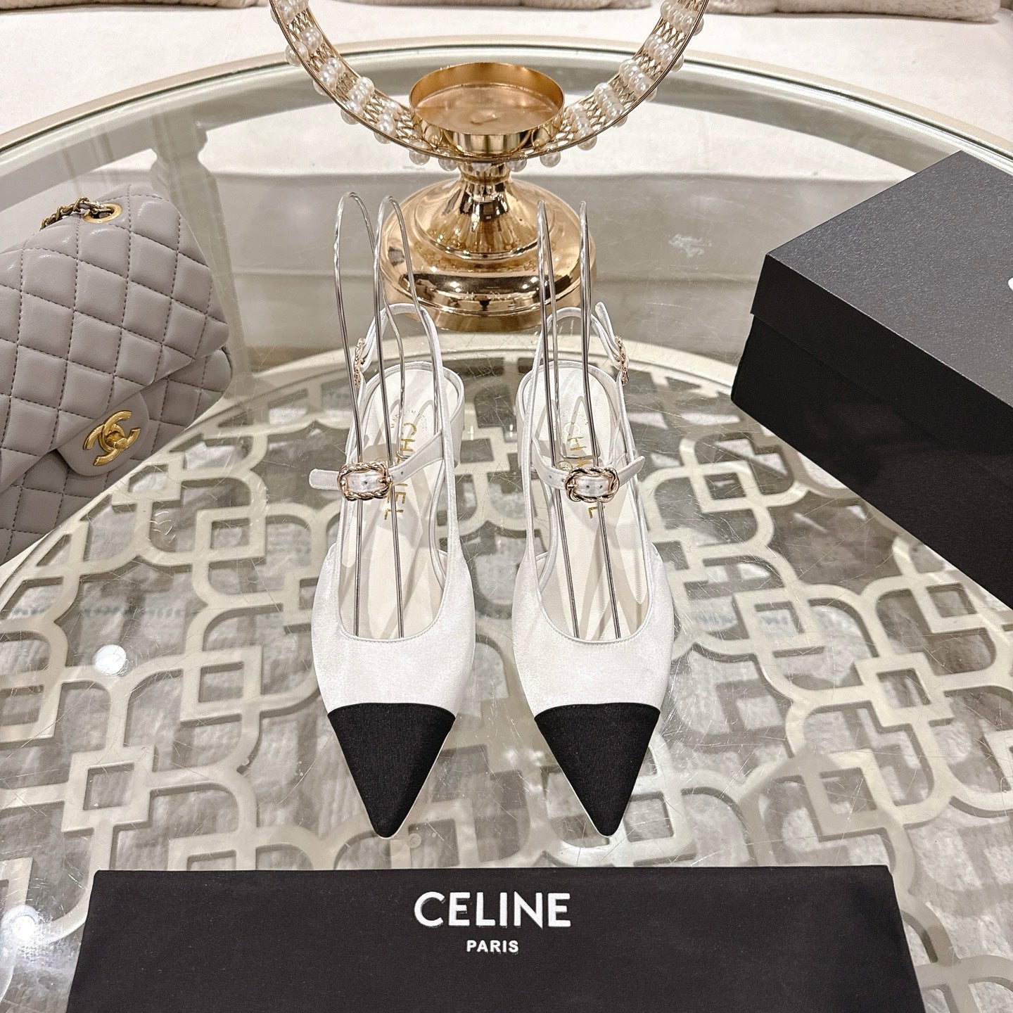 CHANEL 25 Slingback Heel White Silk and Sheepskin 268919
