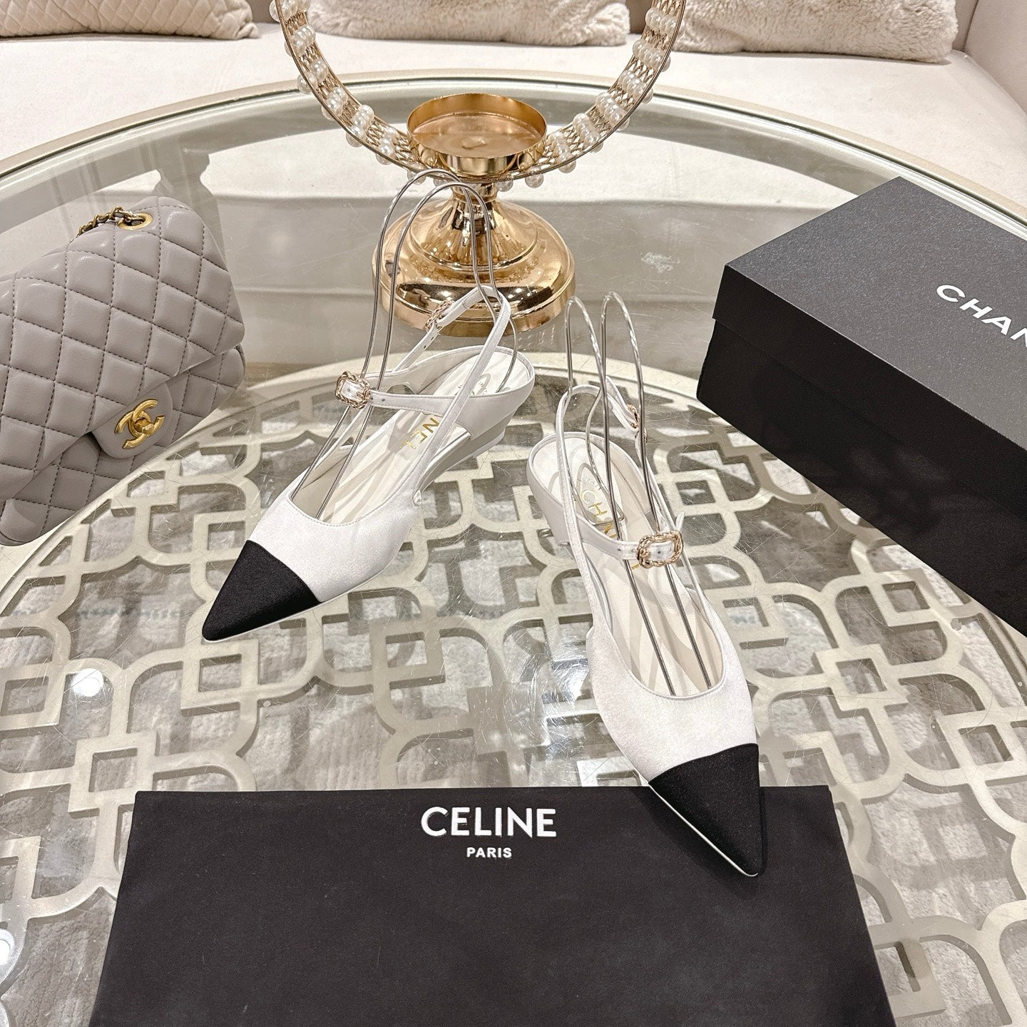 CHANEL 25 Slingback Heel White Silk and Sheepskin 268919