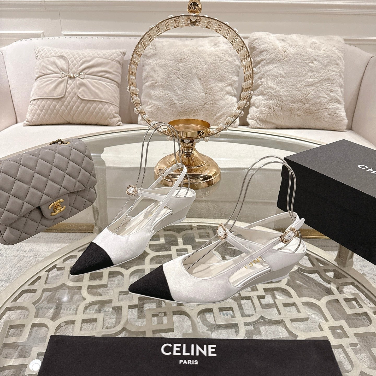 CHANEL 25 Slingback Heel White Silk and Sheepskin 268919