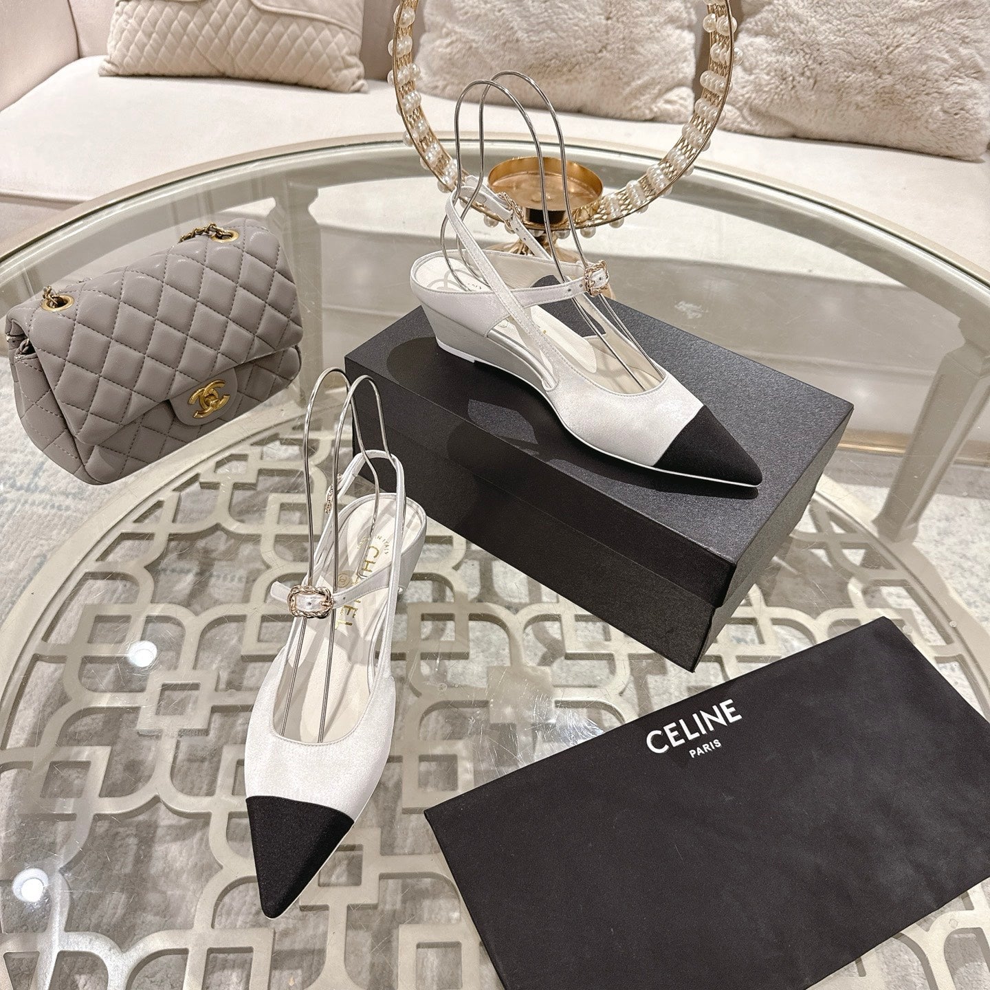 CHANEL 25 Slingback Heel White Silk and Sheepskin 268919