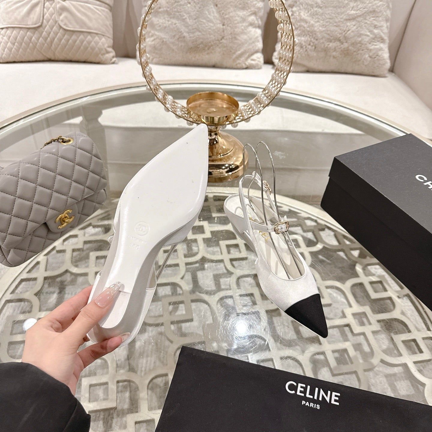 CHANEL 25 Slingback Heel White Silk and Sheepskin 268919