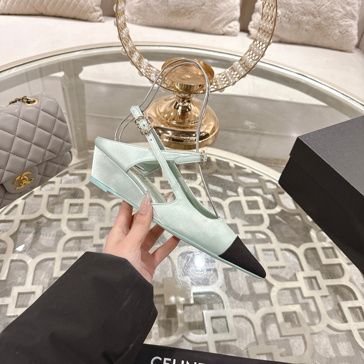 CHANEL 25 Slingback Heel Mint Green Silk and Sheepskin 268920