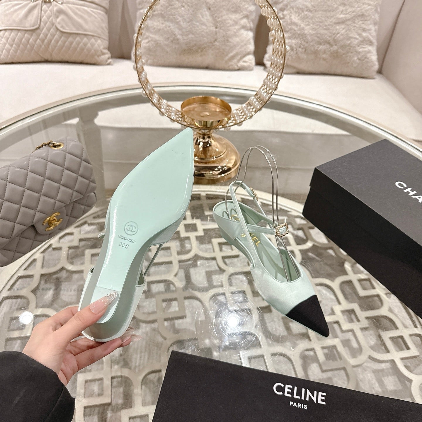 CHANEL 25 Slingback Heel Mint Green Silk and Sheepskin 268920