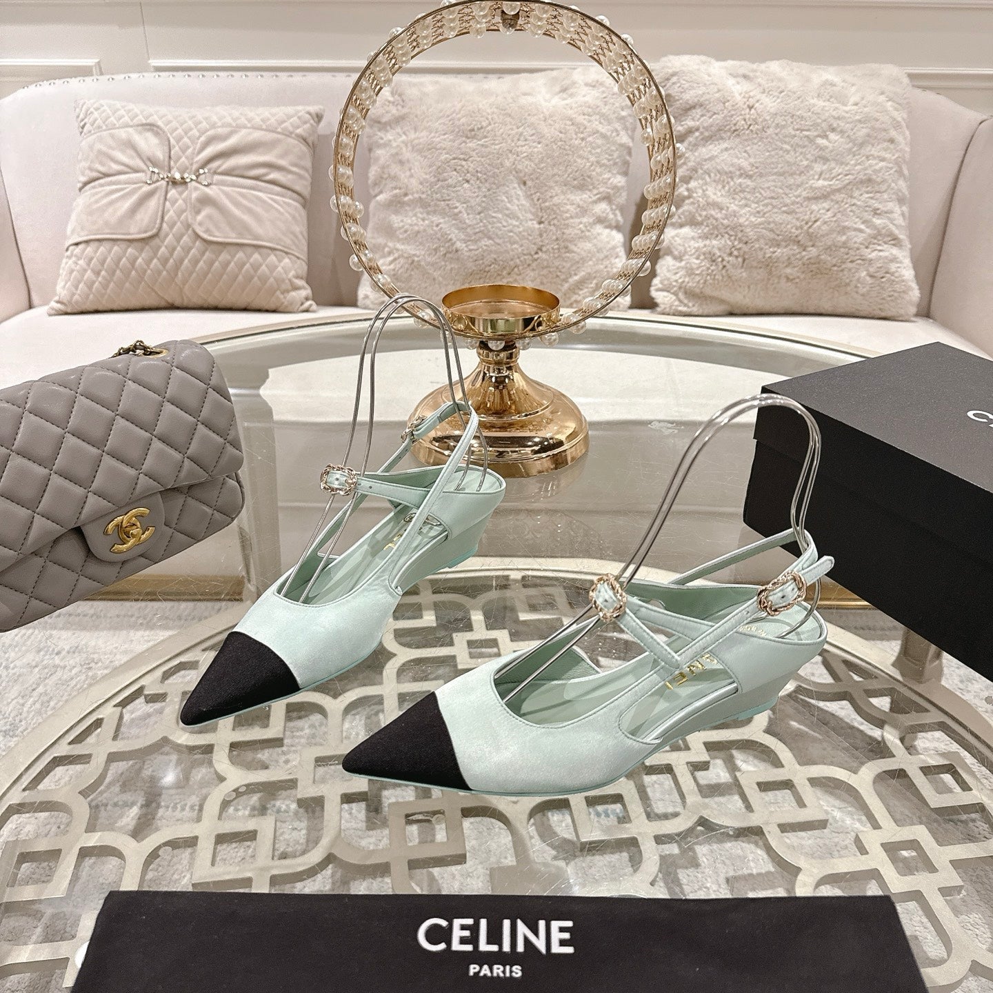 CHANEL 25 Slingback Heel Mint Green Silk and Sheepskin 268920