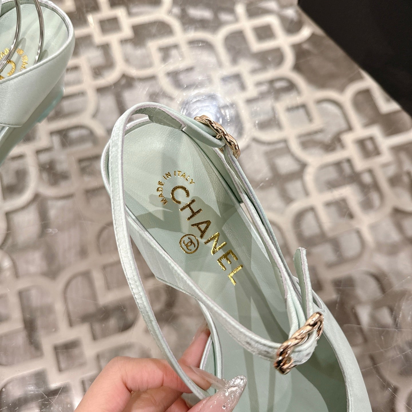 CHANEL 25 Slingback Heel Mint Green Silk and Sheepskin 268920