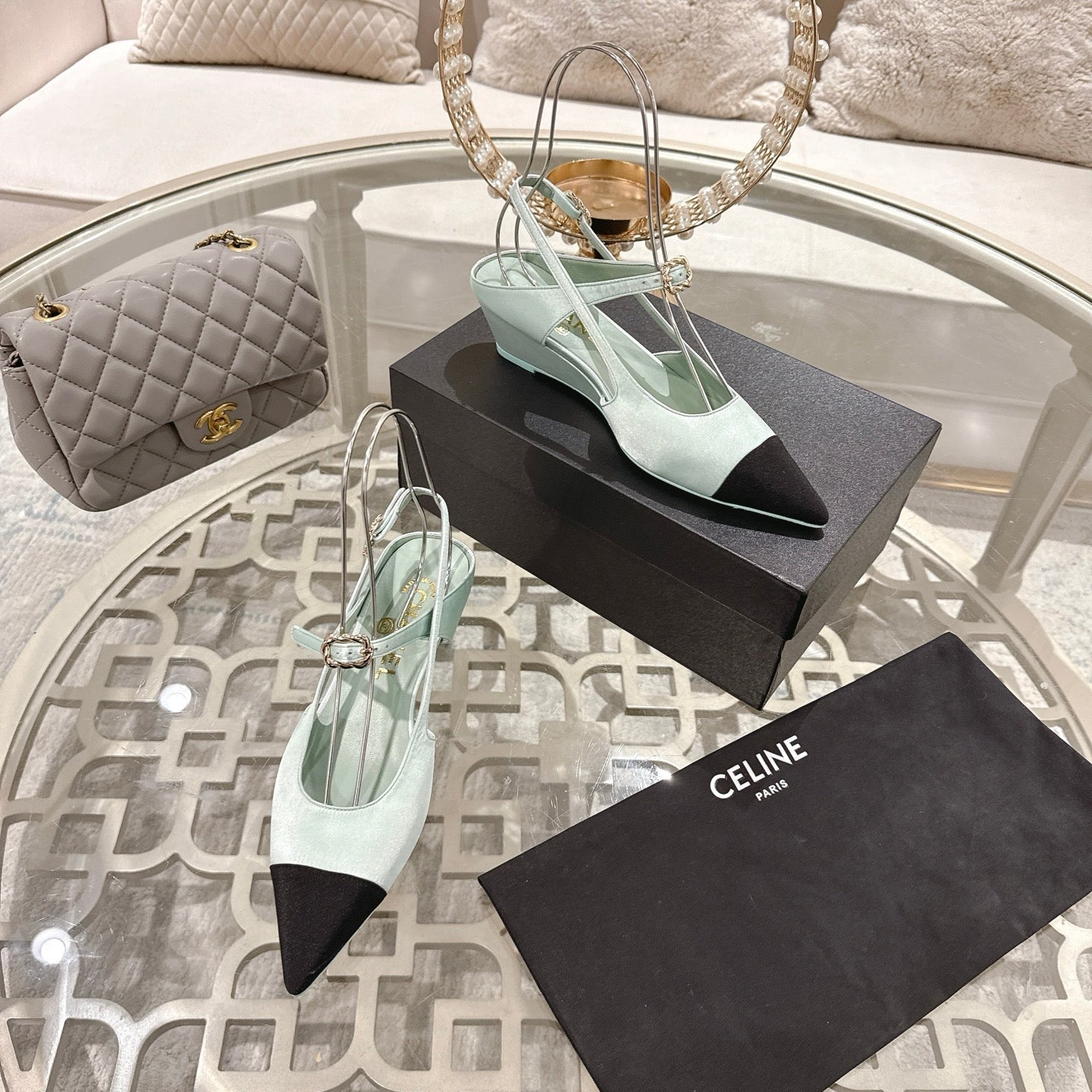 CHANEL 25 Slingback Heel Mint Green Silk and Sheepskin 268920