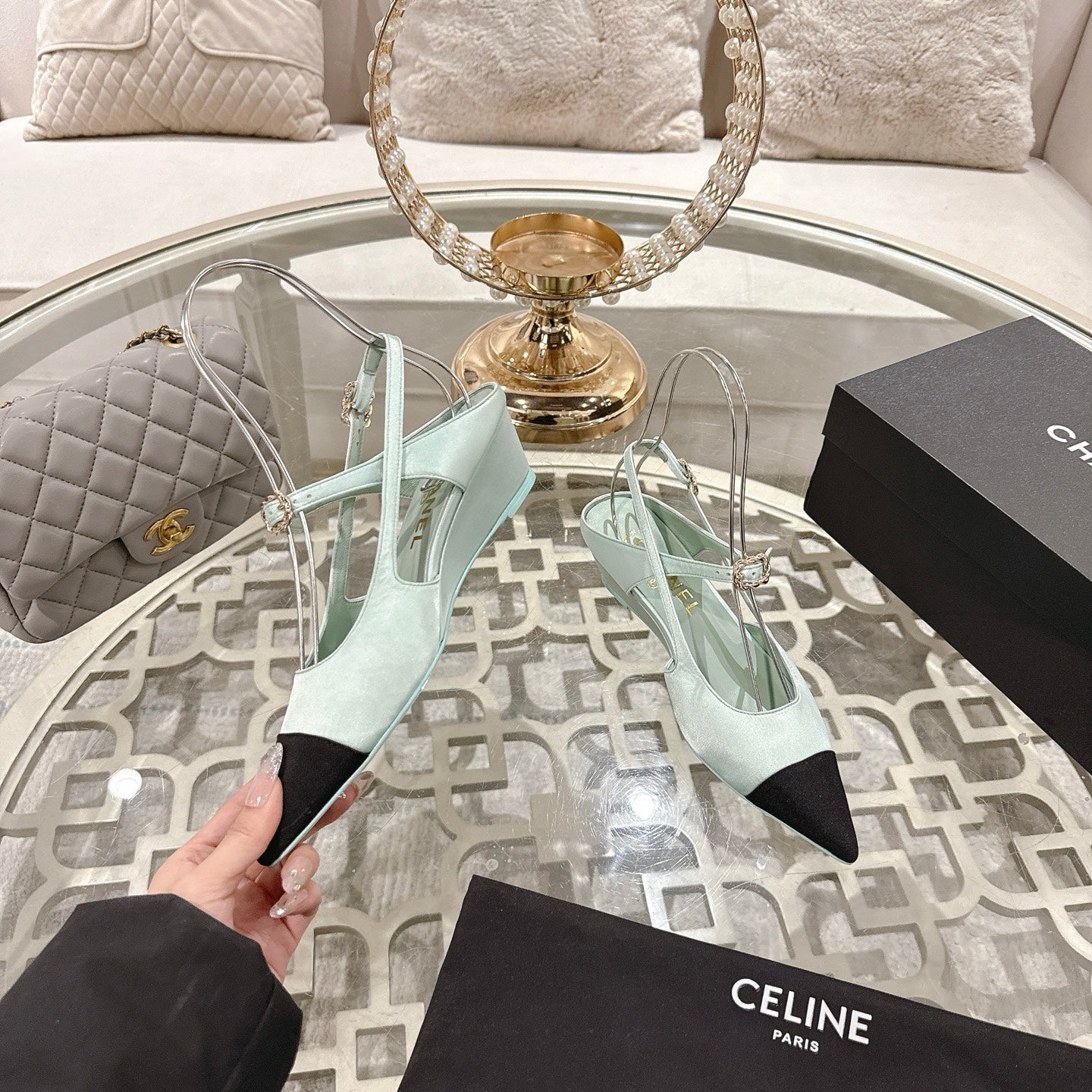 CHANEL 25 Slingback Heel Mint Green Silk and Sheepskin 268920